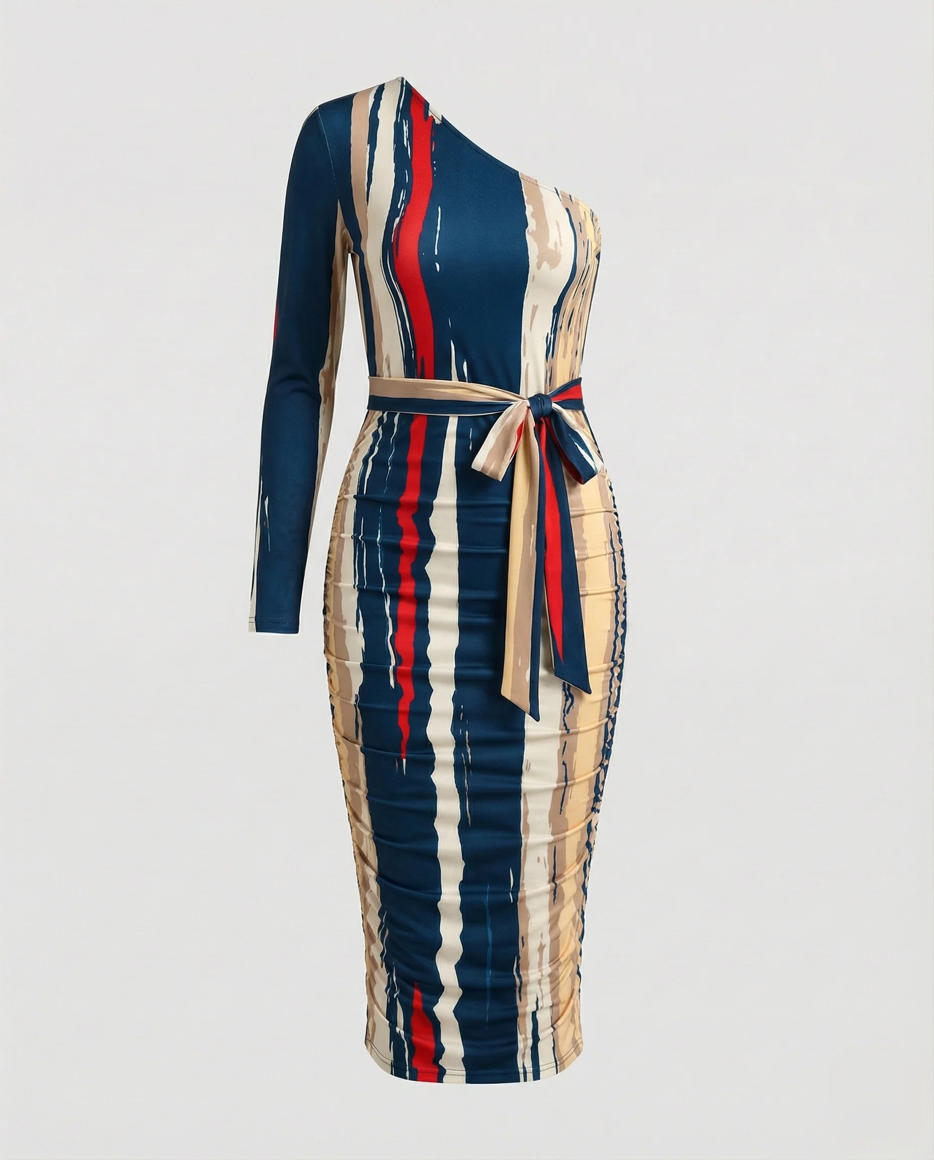 Damen Asymmetrisches Midikleid Langarm Raffung - Image 6