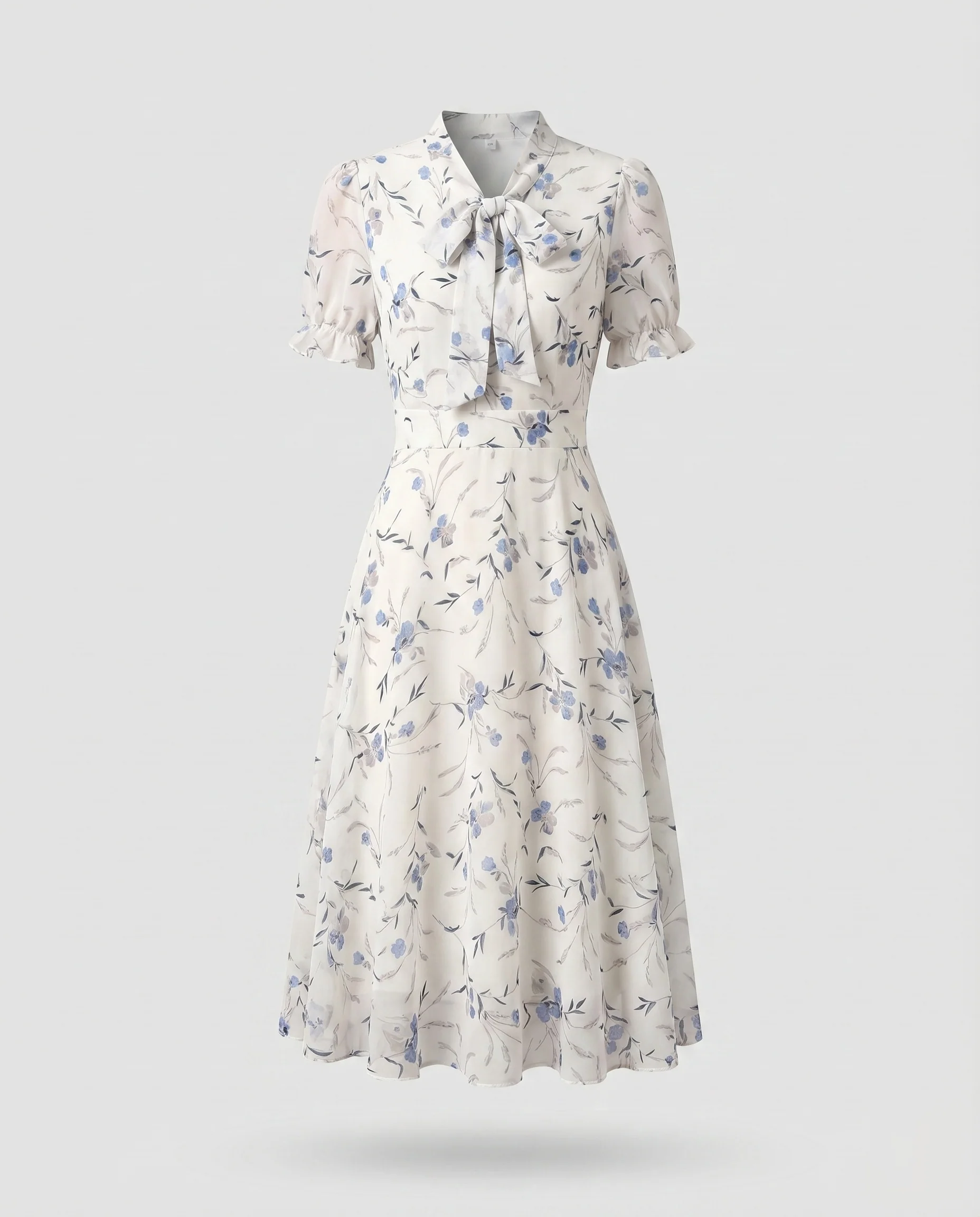 Damen Chiffon-Midikleid Schleifenkragen Volantärmel Tellerrock - Image 8