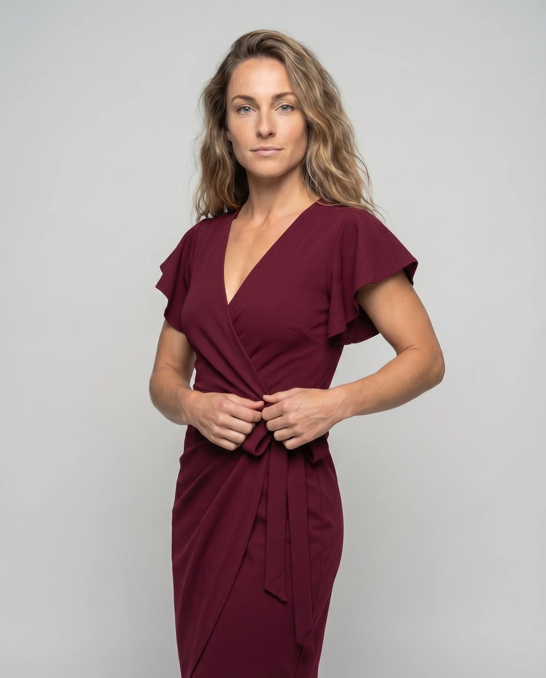 Damen Feminine Stufige Volantärmel Mischgewebe Etui-Wickelkleid - Image 2