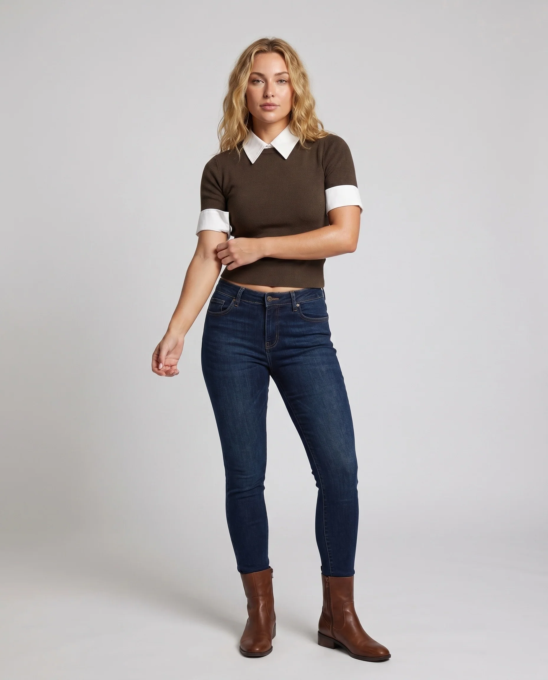 Damen nan tailliertes Feinstrickshirt mit Hemdkragen und aufgesetzten Manschetten