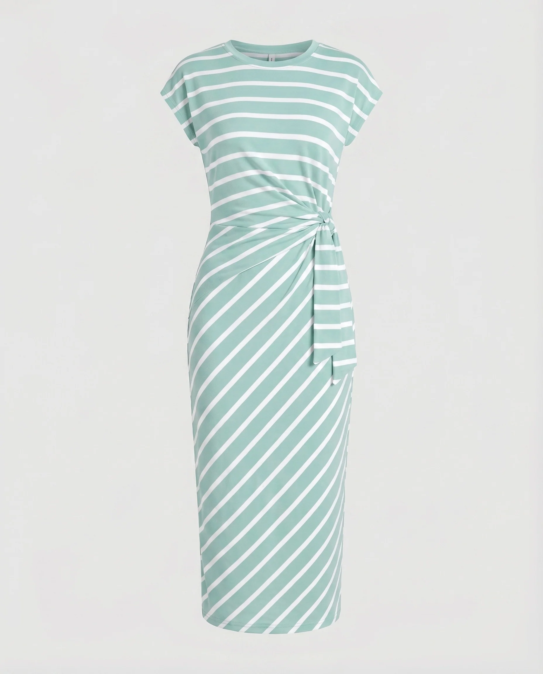 Damen Jersey-Midikleid Diagonales Streifenmuster Knotengürtel Cap-Ärmel - Image 12