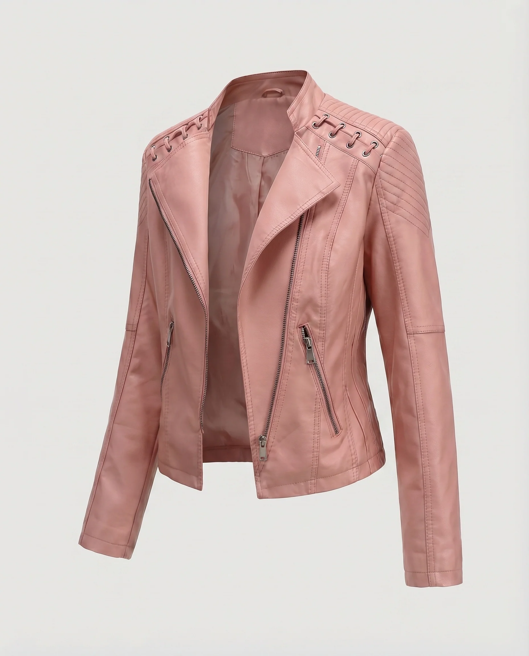 Damen Riderblouson Kunstleder Gesteppte Passe Ösen-Detail - Image 10