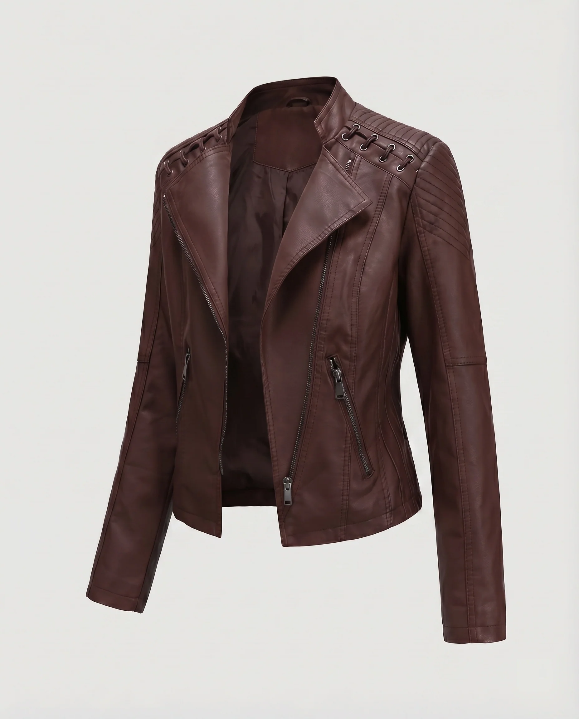 Damen Riderblouson Kunstleder Gesteppte Passe Ösen-Detail - Image 6