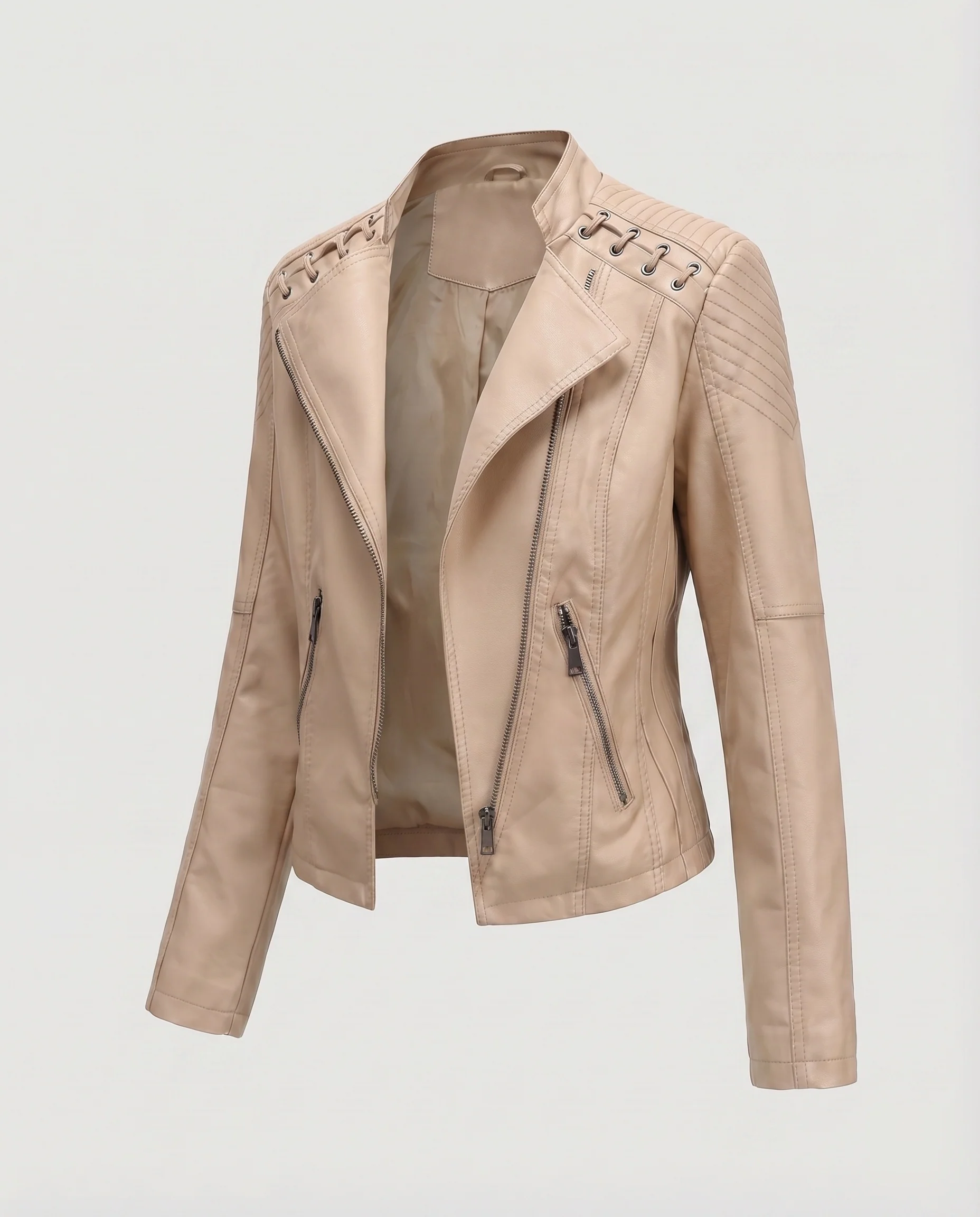 Damen Riderblouson Kunstleder Gesteppte Passe Ösen-Detail - Image 7