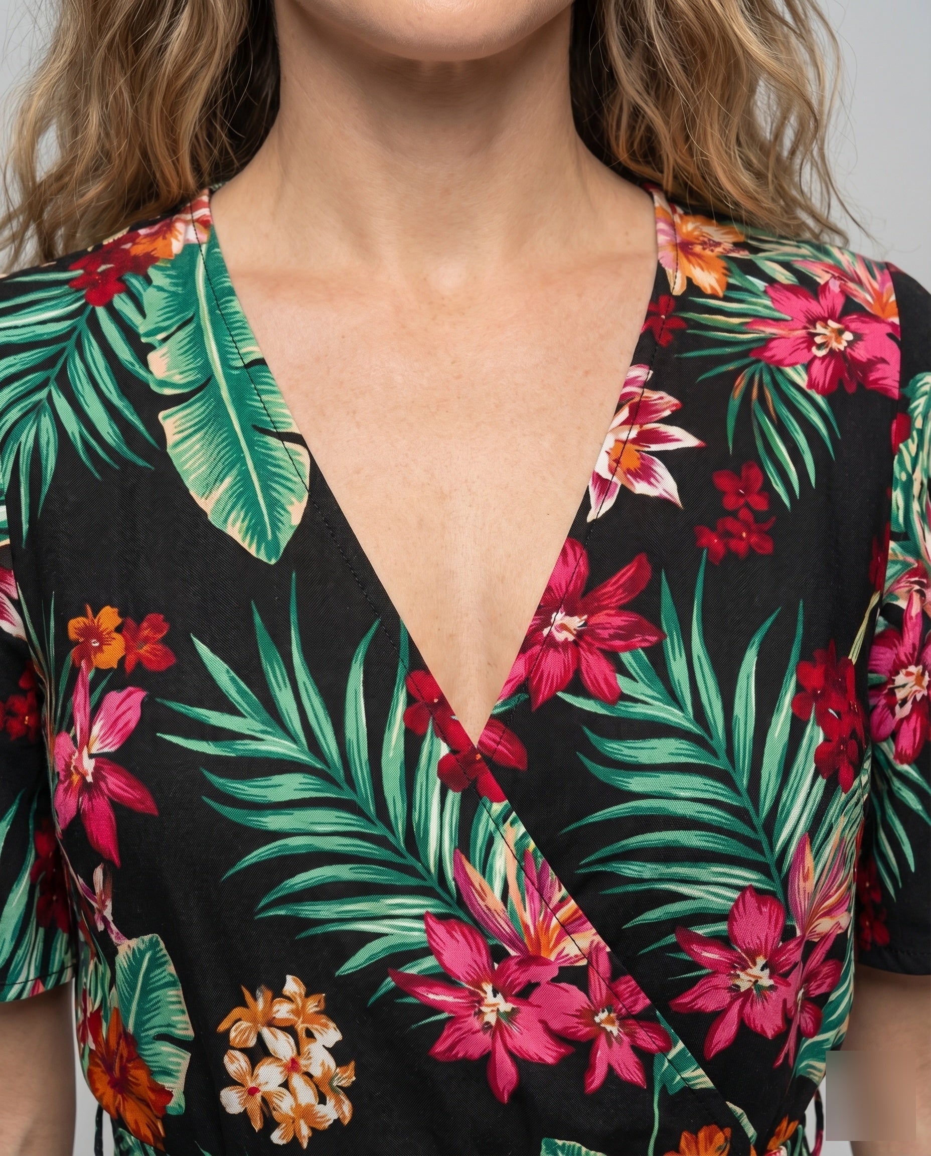 Damen Wickelkleid Tropischer Print Volantärmel Tailliert - Image 3