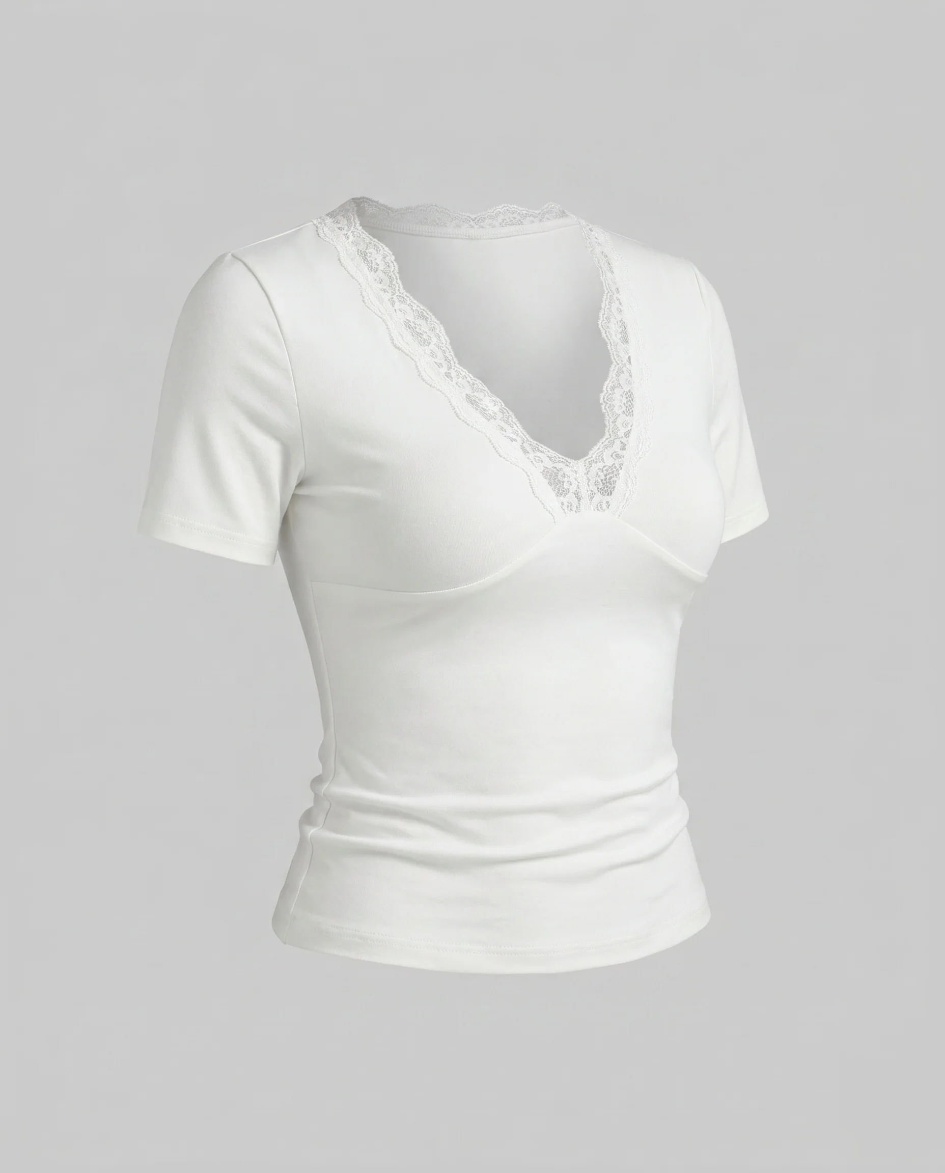 Damen nan tailliertes Kurzarm-Top mit Spitzen-V-Ausschnitt und Unterbrustnaht, elastische Passform - Image 5