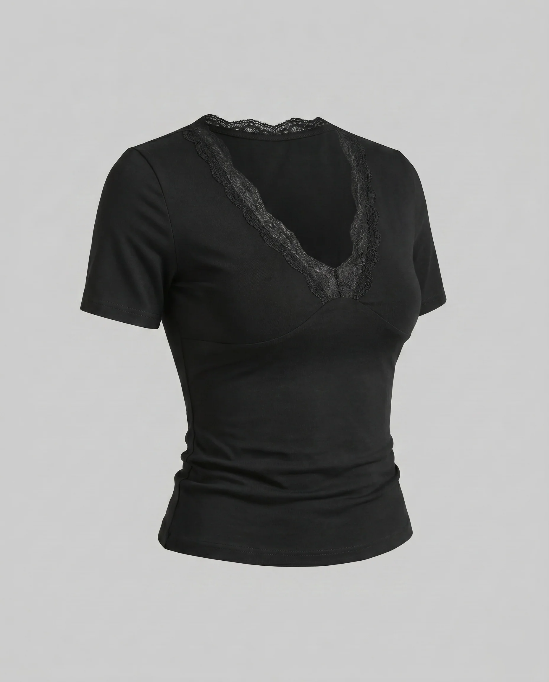 Damen nan tailliertes Kurzarm-Top mit Spitzen-V-Ausschnitt und Unterbrustnaht, elastische Passform - Image 6