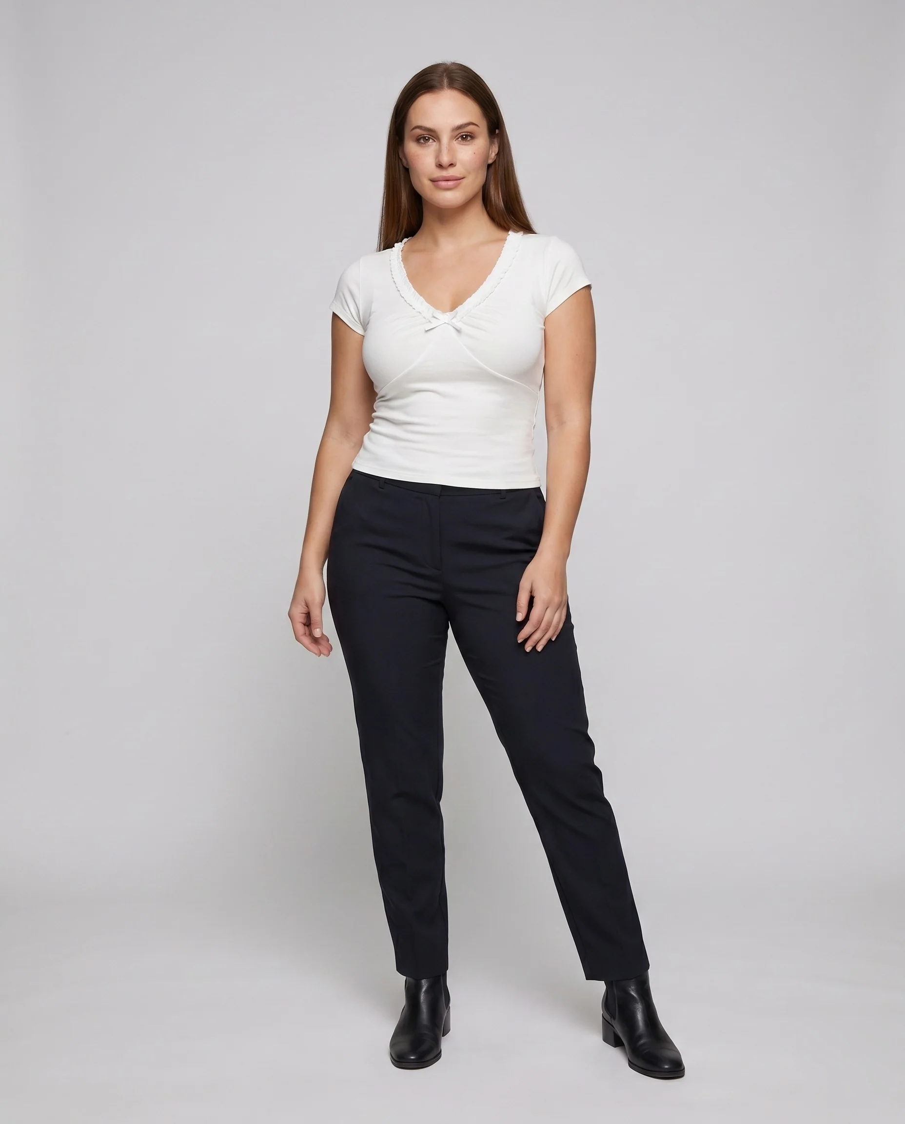 Damen nan tailliertes Kurzarm-Top mit V-Ausschnitt, geraffter Mittelnaht und Binddetail