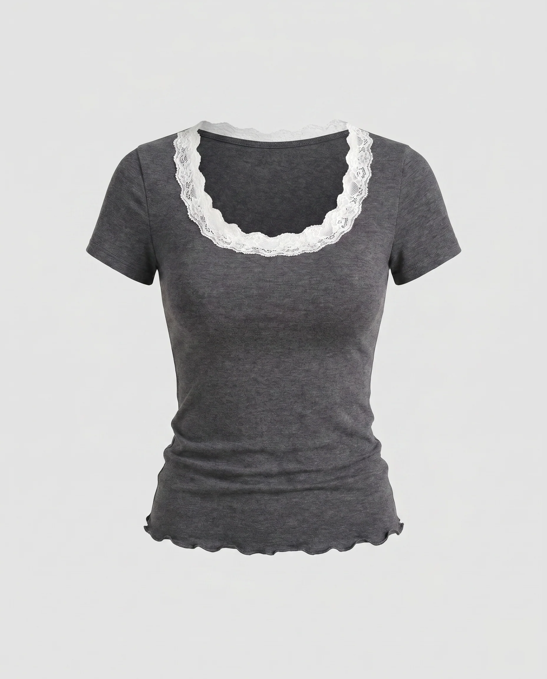 Damen nan tailliertes Kurzarmshirt aus Stretch-Ripp mit Spitzenborte am Quadratausschnitt und gewelltem Saum - Image 5