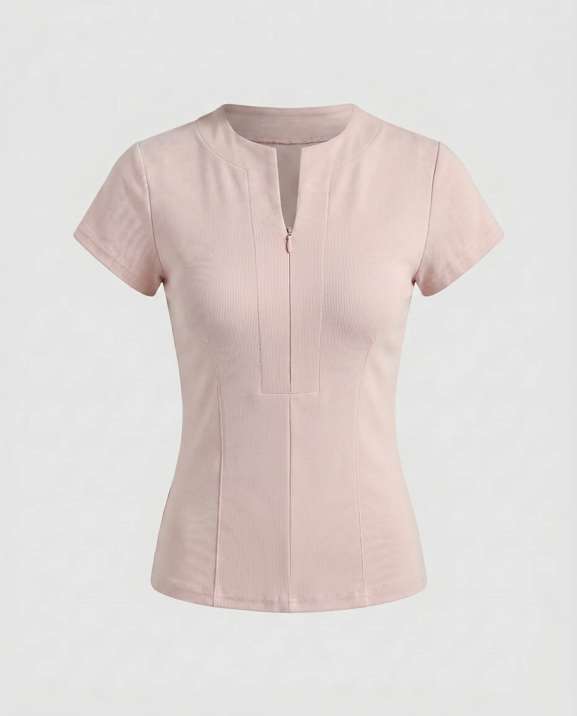 Damen nan tailliertes Kurzarmshirt mit verdecktem Frontreißverschluss und minimalistischem Stehkragen - Image 6