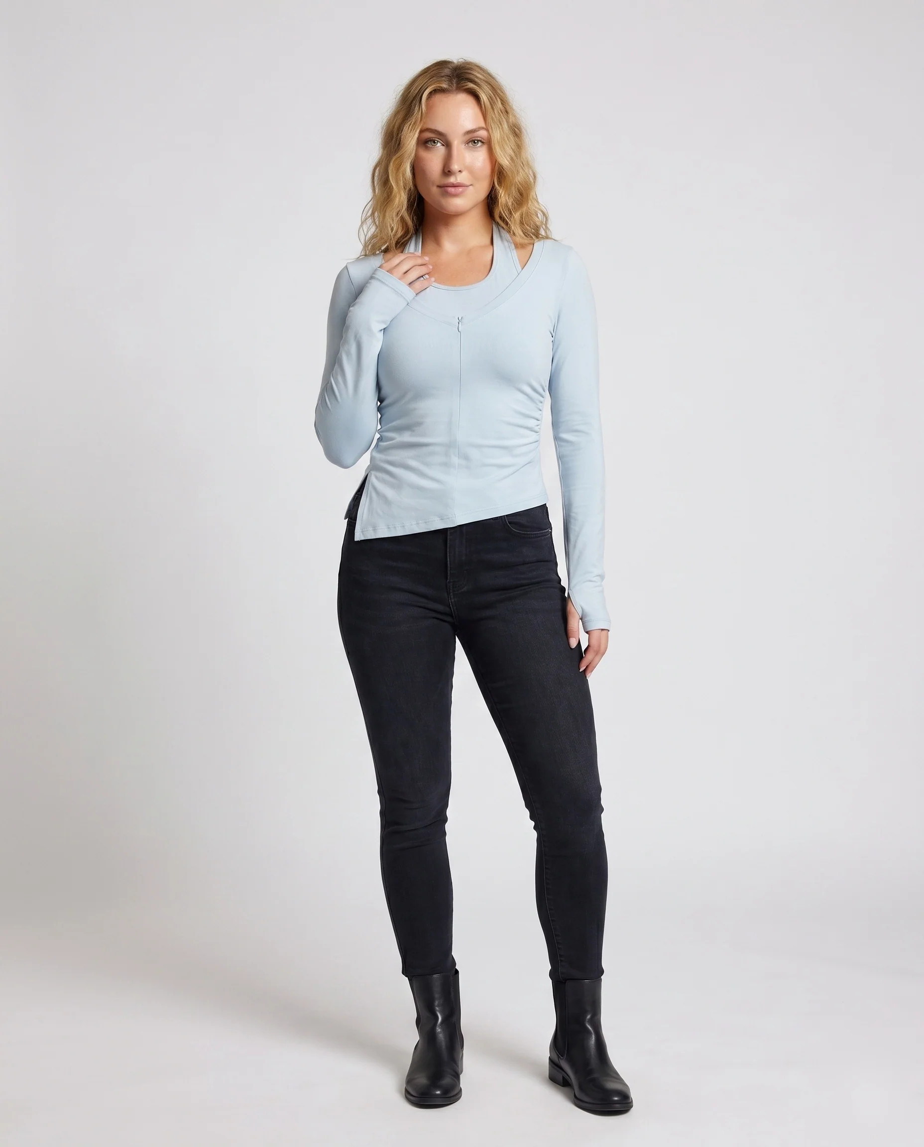 Damen nan tailliertes Langarm-Top mit asymmetrischem Trägerdetail, Schulterausparung und integrierten Daumenlochärmeln - Image 2