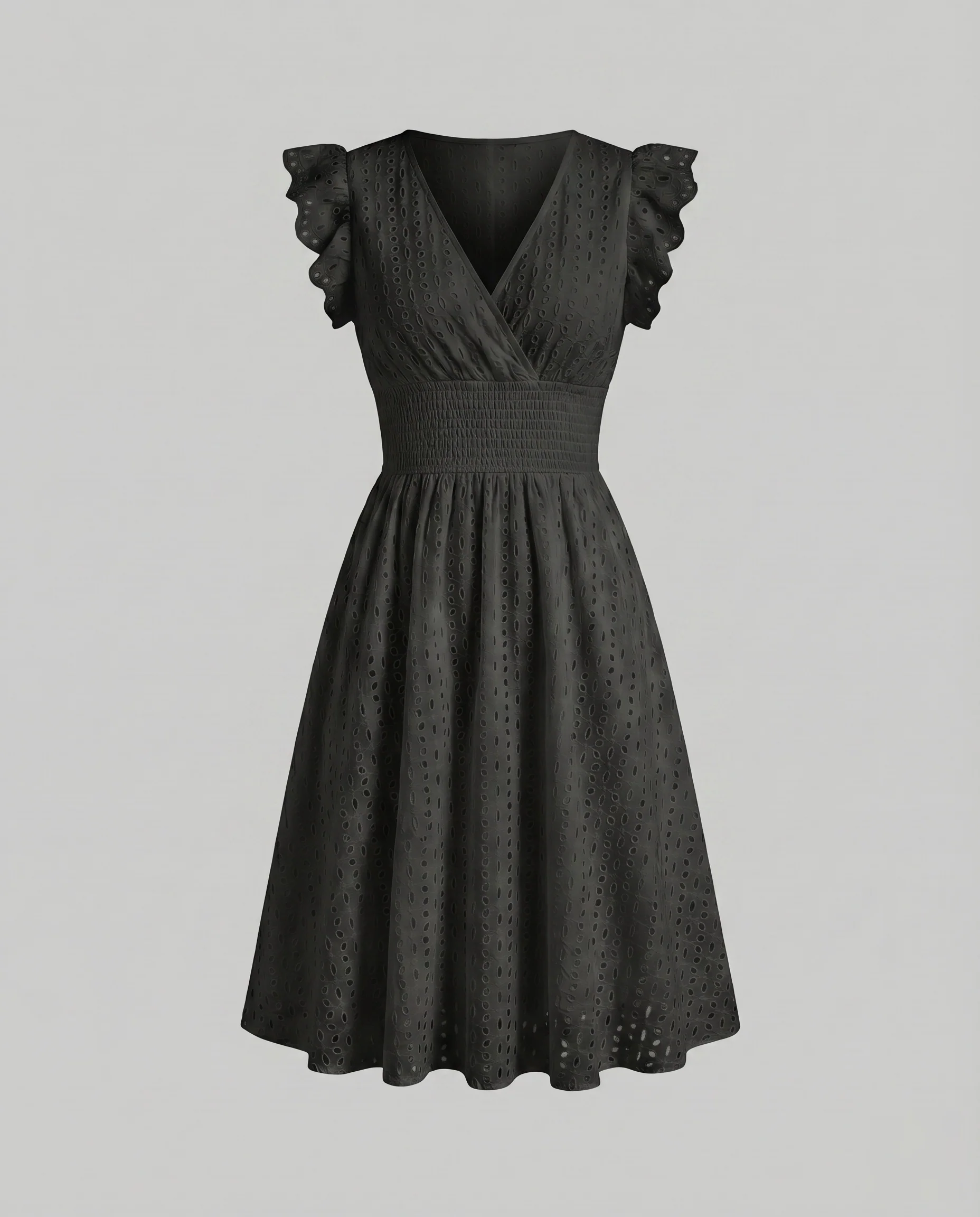 Damen Lochstickerei-Kleid Elastisches Mieder Rüschenschultern Tailliert - Image 7