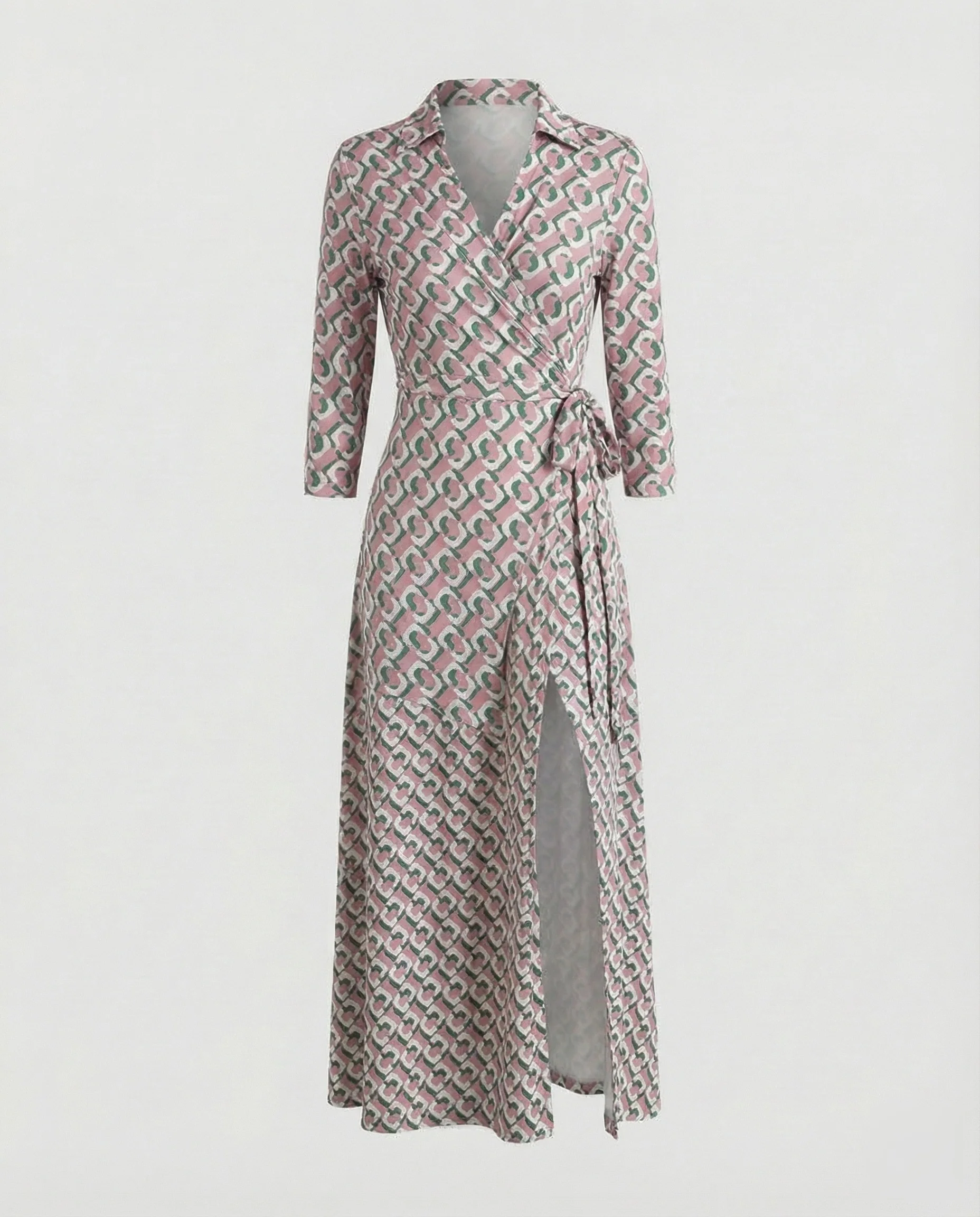 Damen Wickel-Maxikleid Reverskragen Beinschlitz Drapé - Image 5