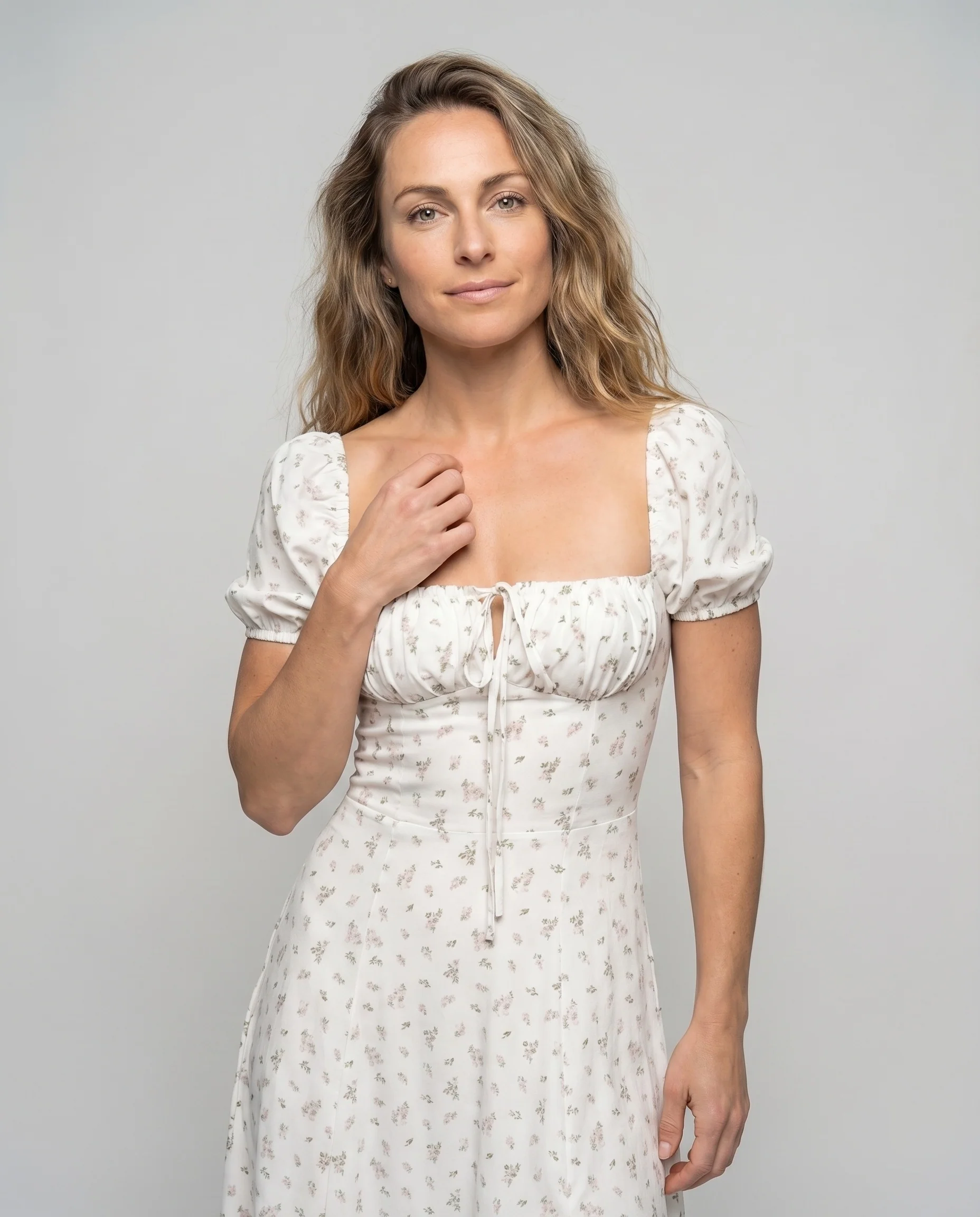 Damen Midaxi-Kleid Miederoptik Puffärmel Frontschlitz Quadrat-Ausschnitt - Image 2