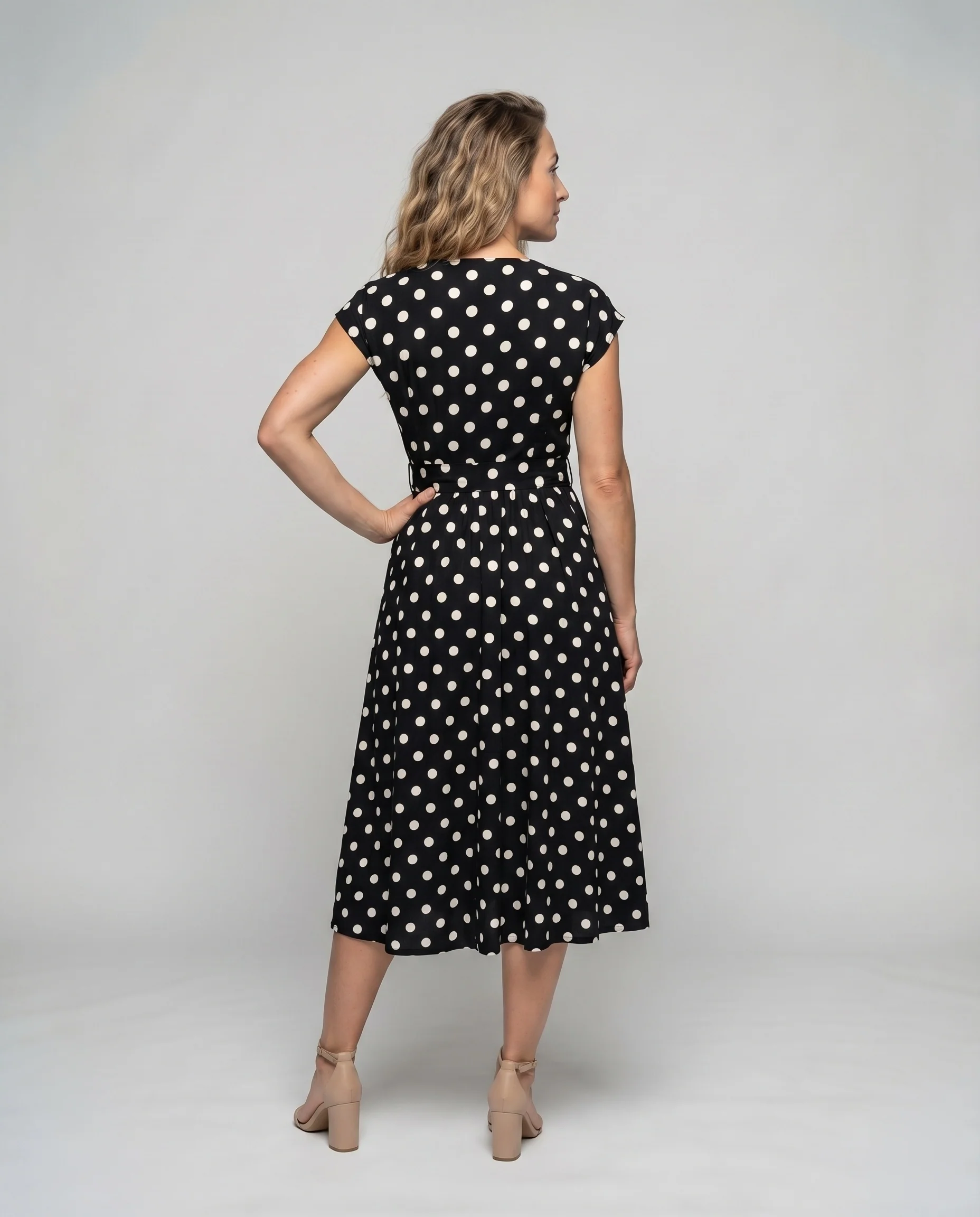Damen Retro-Punkt-Midikleid V-Ausschnitt Knopfleiste Bindegürtel - Image 4