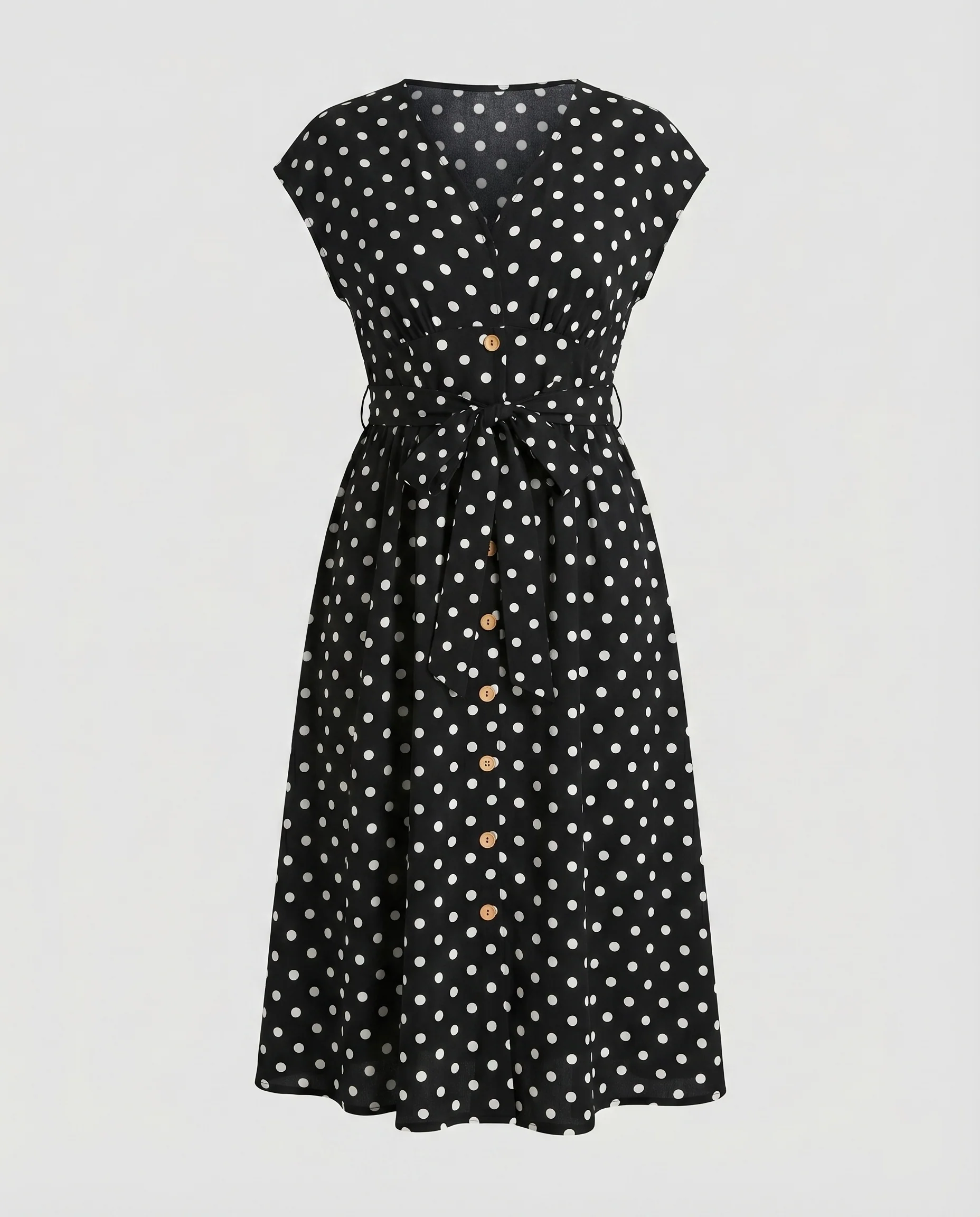 Damen Retro-Punkt-Midikleid V-Ausschnitt Knopfleiste Bindegürtel - Image 5