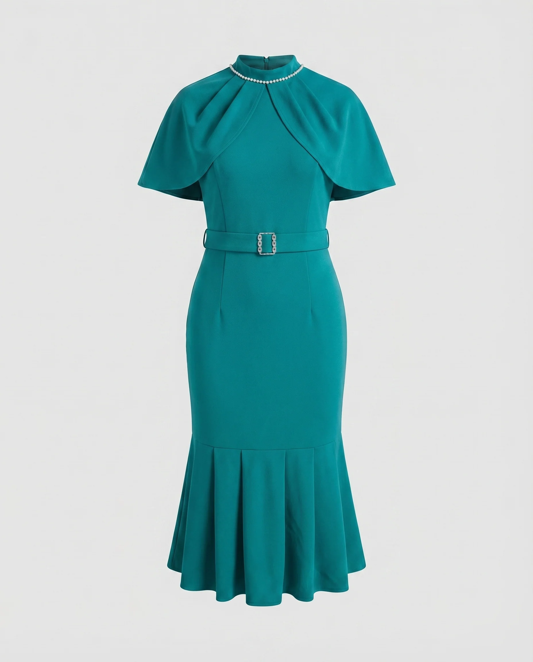 Damen Midikleid Capeletkragen Perlenbesatz Volant-Saum - Image 4