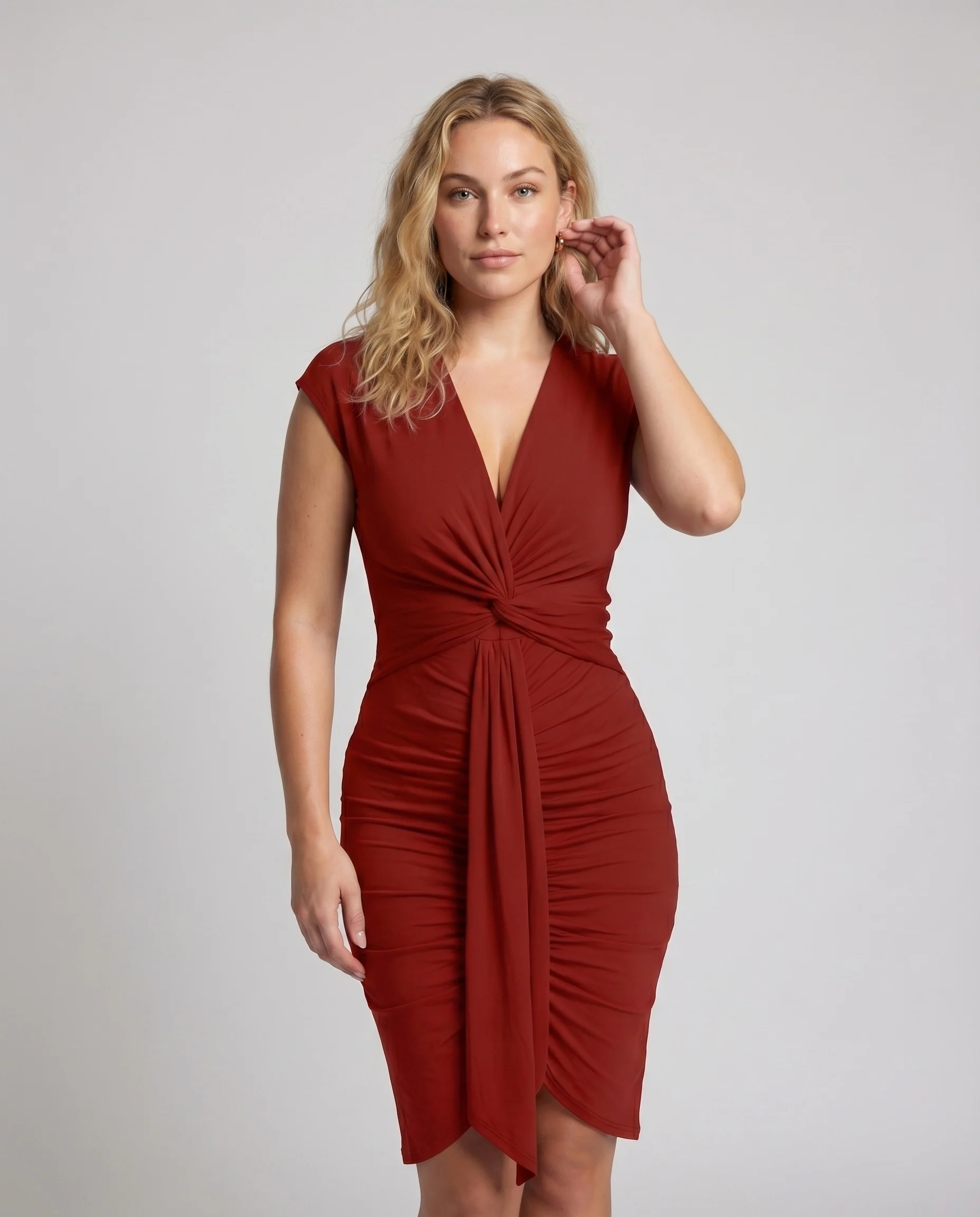 Damen Midikleid Knotenfront Wickeloptik Seitliche Raffung - Image 2