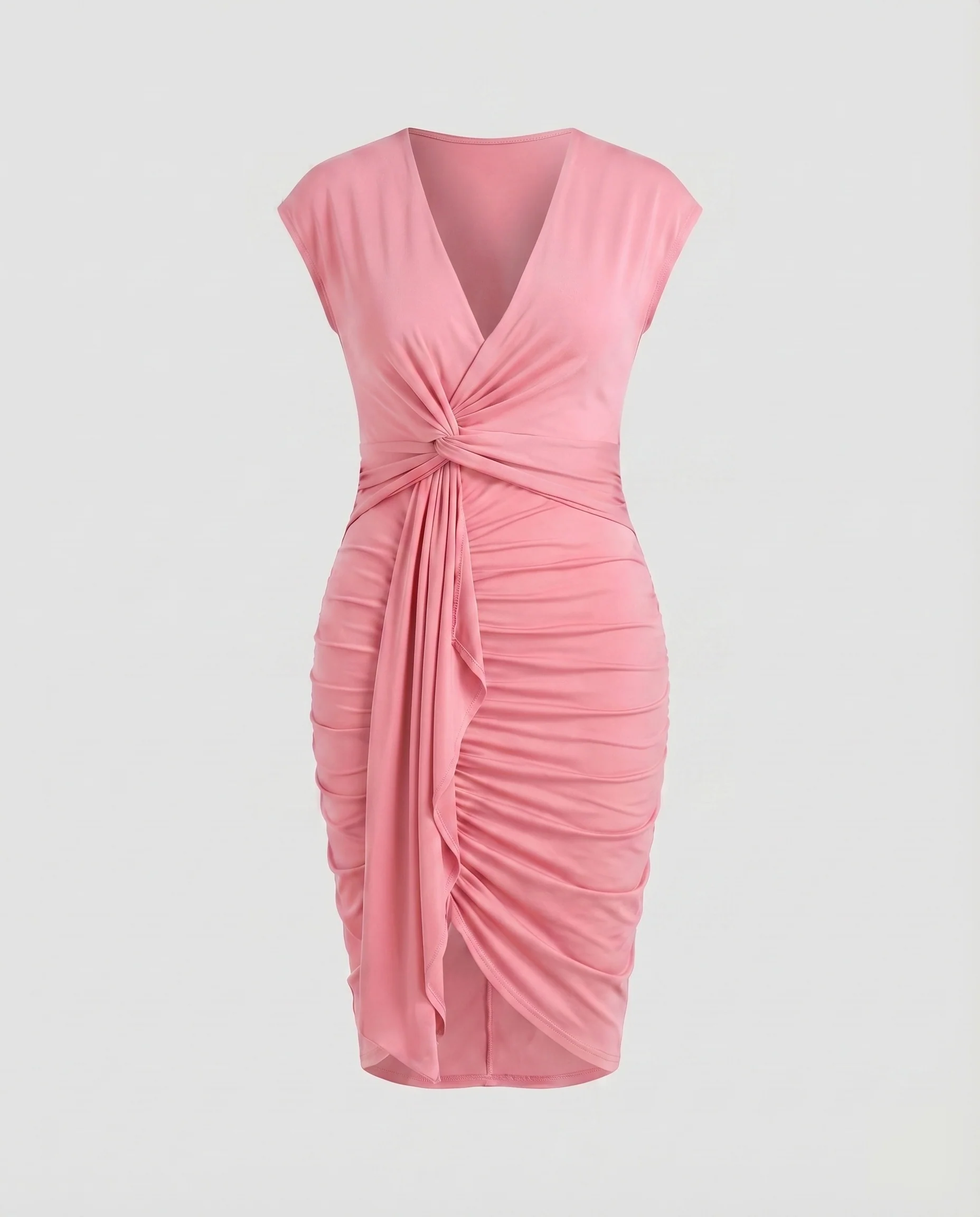 Damen Midikleid Knotenfront Wickeloptik Seitliche Raffung - Image 5