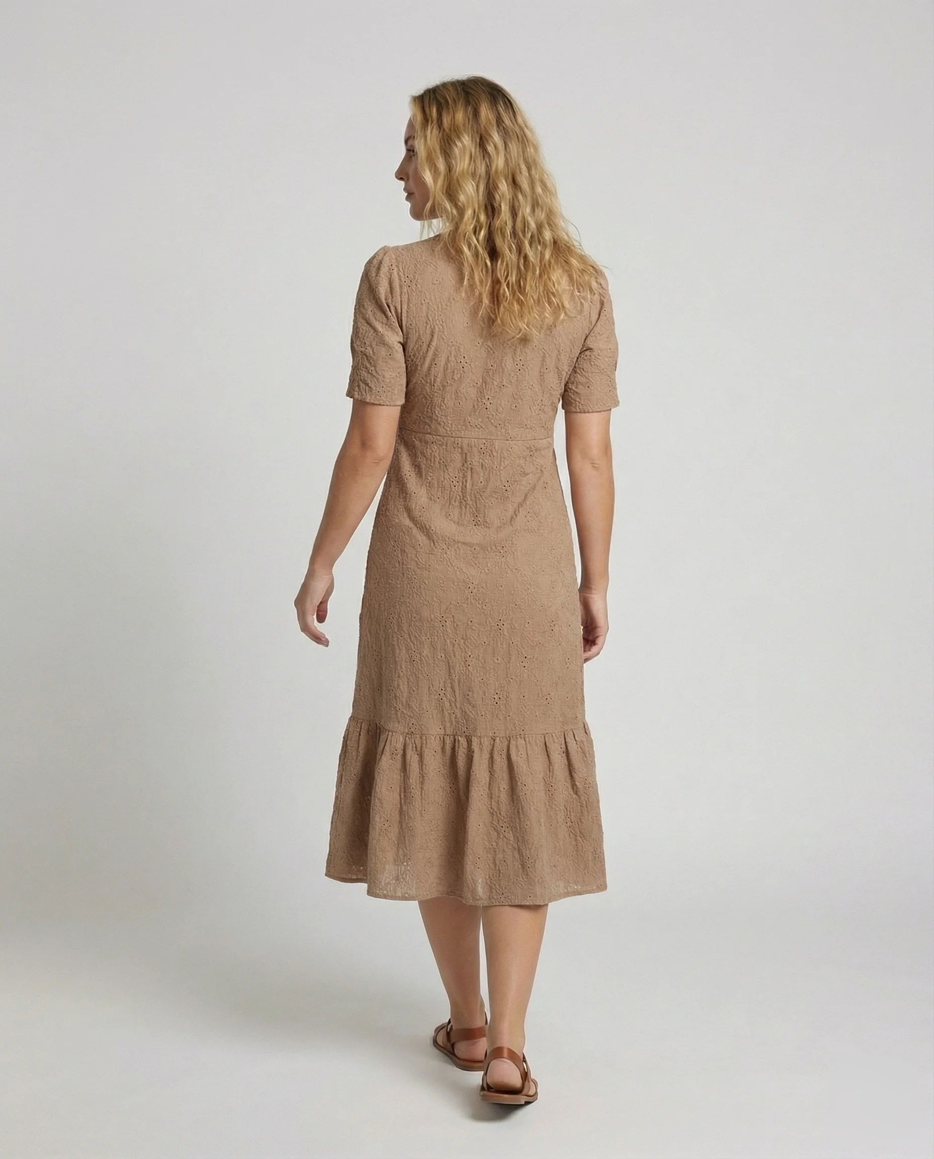 Damen Midikleid Lochstickerei Puffärmel Knopfleiste - Image 4