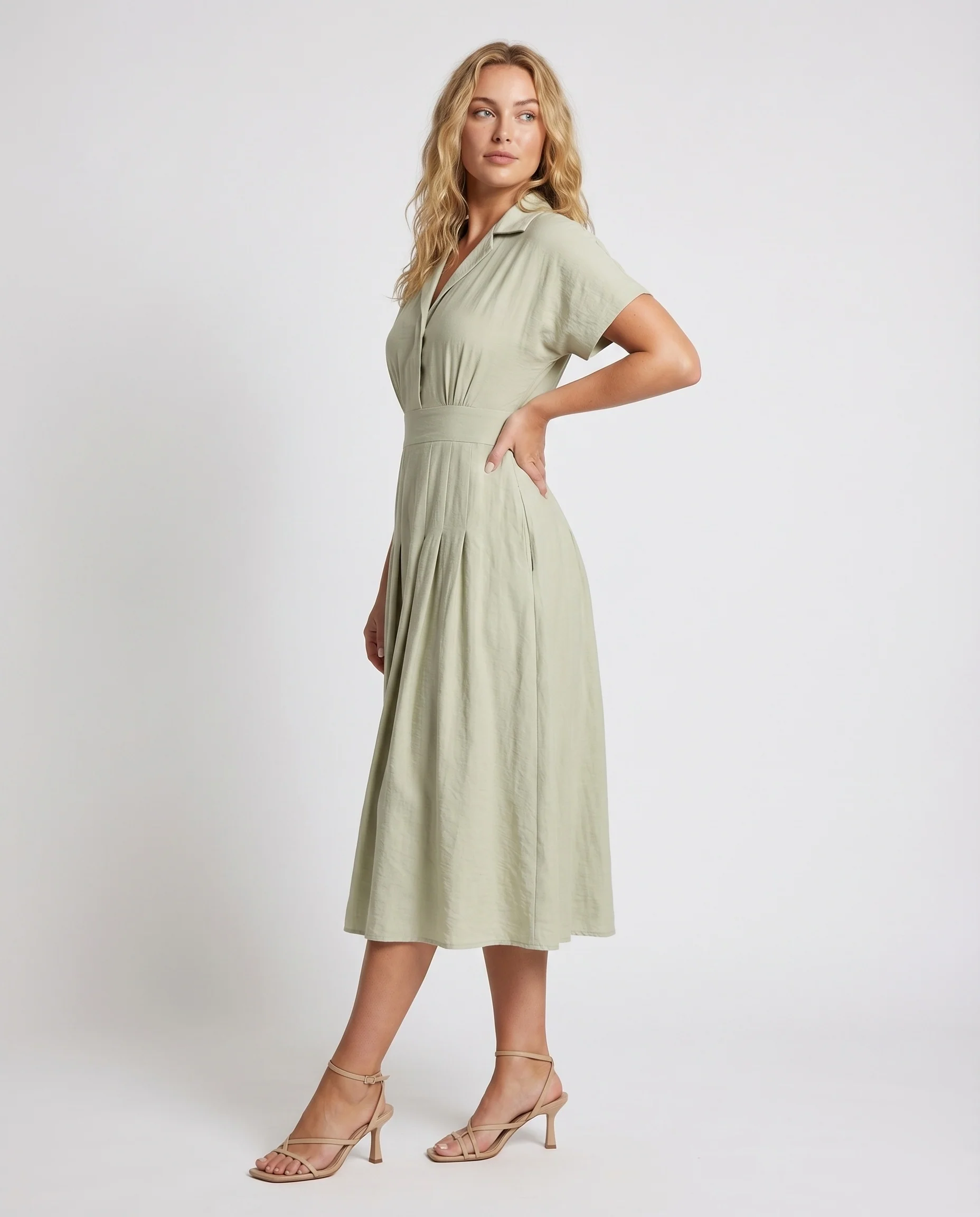 Damen Midikleid Reverskragen Kellerfalten Eingrifftaschen Leinenoptik