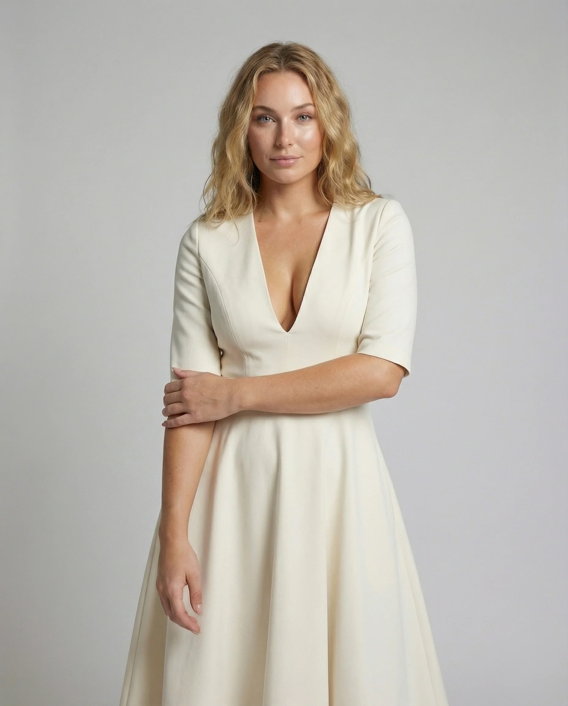 Damen Midikleid V-Ausschnitt Tellerrock Taschen - Image 2