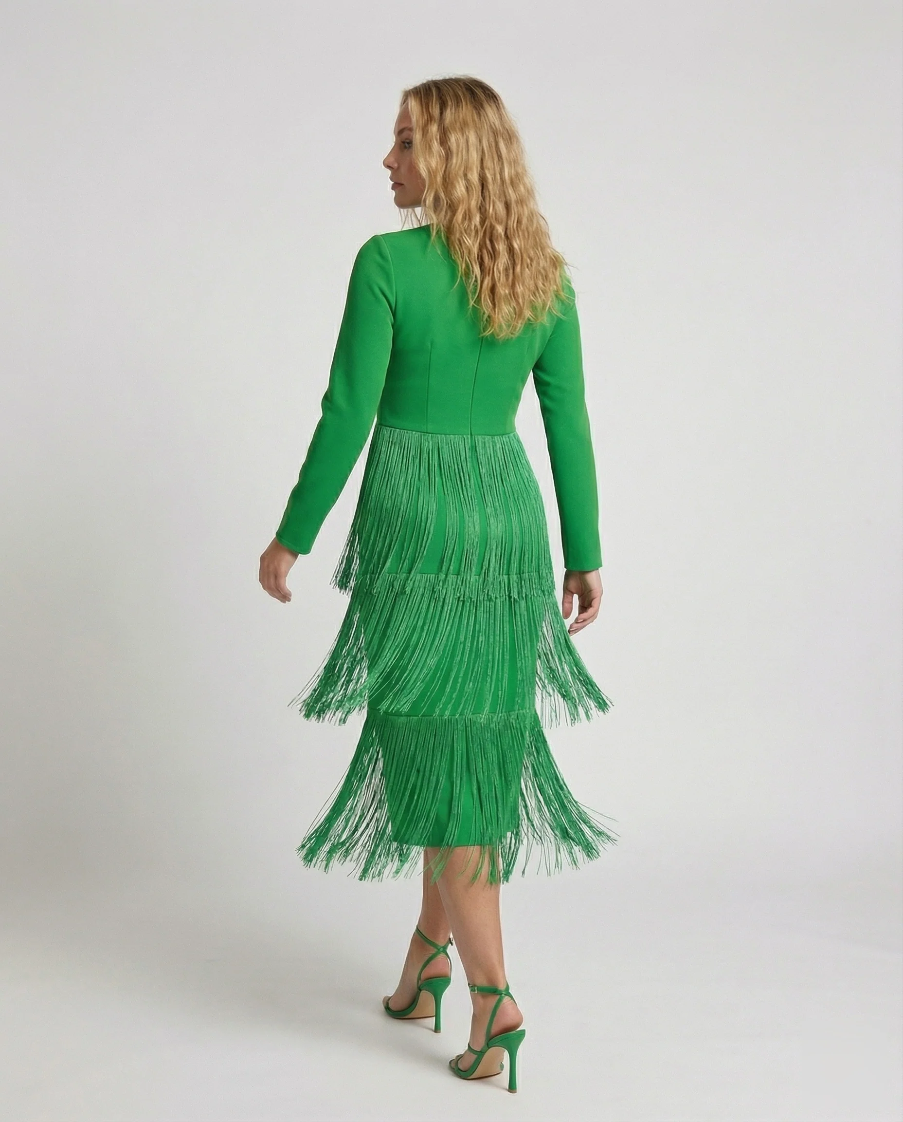 Damen Midikleid V-Ausschnitt Langarm Fransenbesatz - Image 4