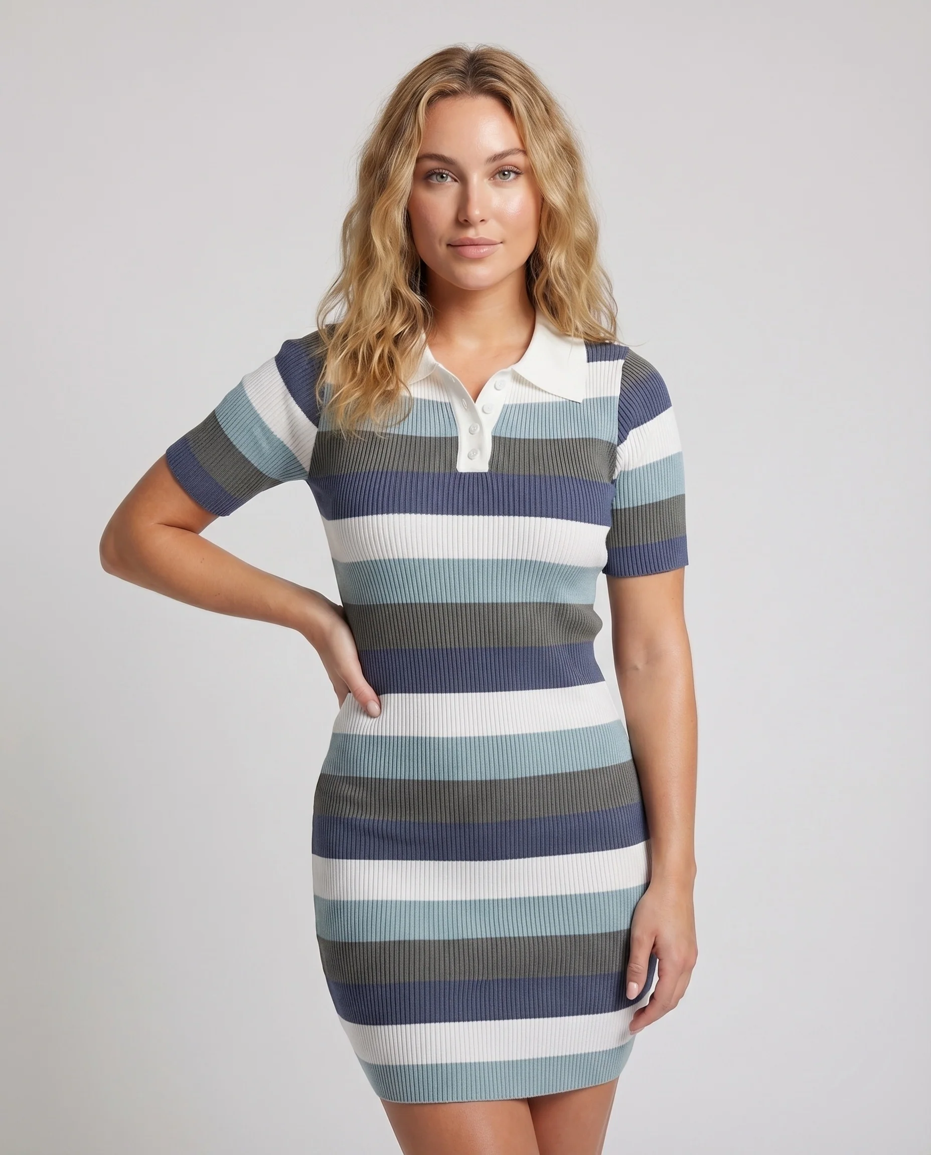 Damen Rippstrick-Polokleid Polokragen Knopfleiste Tailliert - Image 2