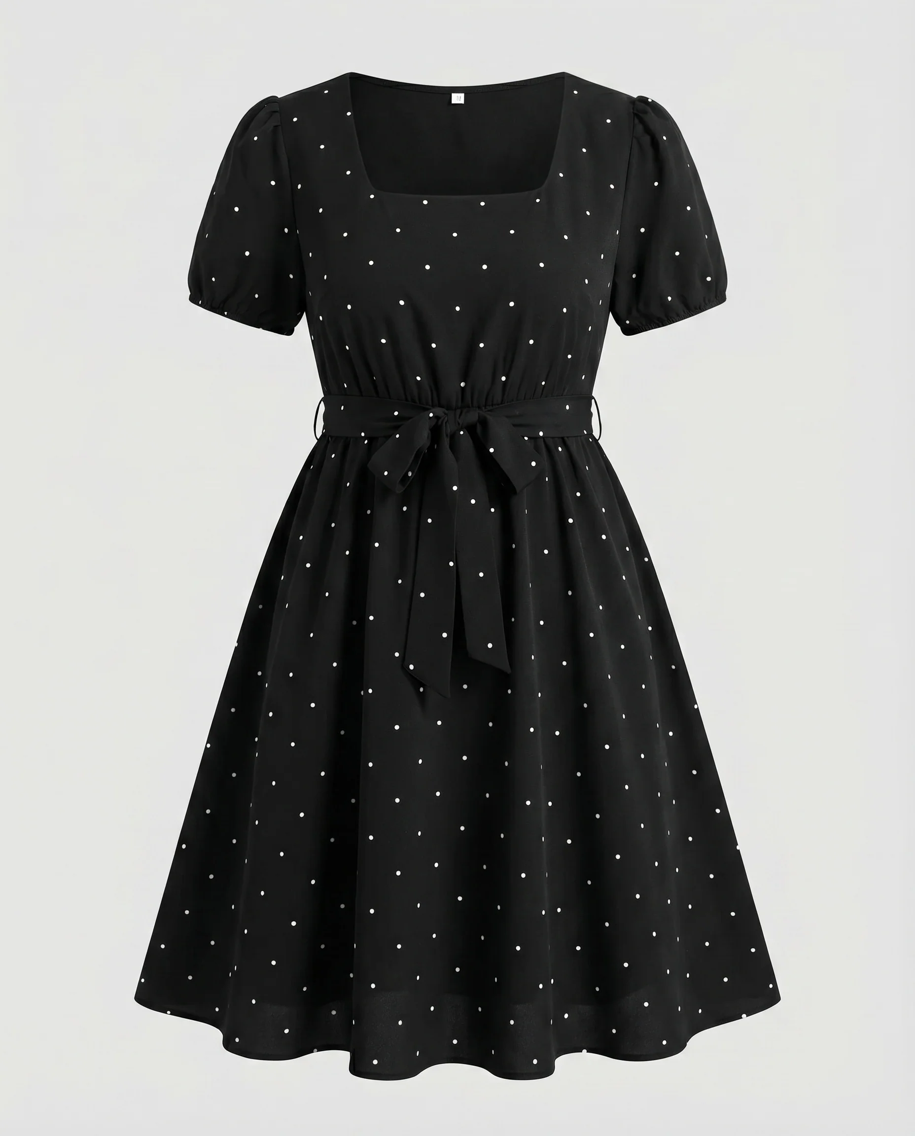 Damen Punkte-Midikleid Puffärmel Bindegürtel Quadrat-Ausschnitt - Image 4