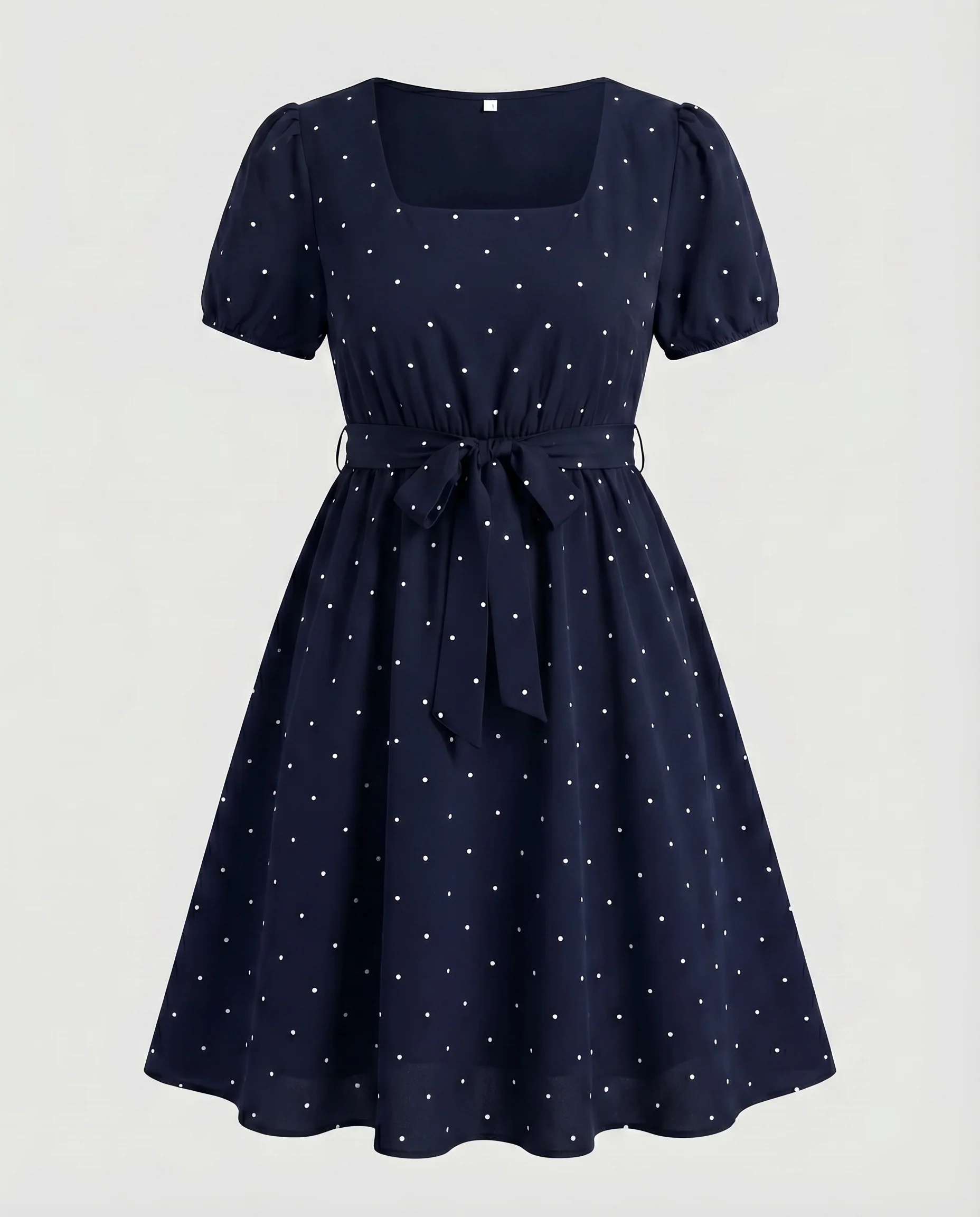 Damen Punkte-Midikleid Puffärmel Bindegürtel Quadrat-Ausschnitt - Image 7