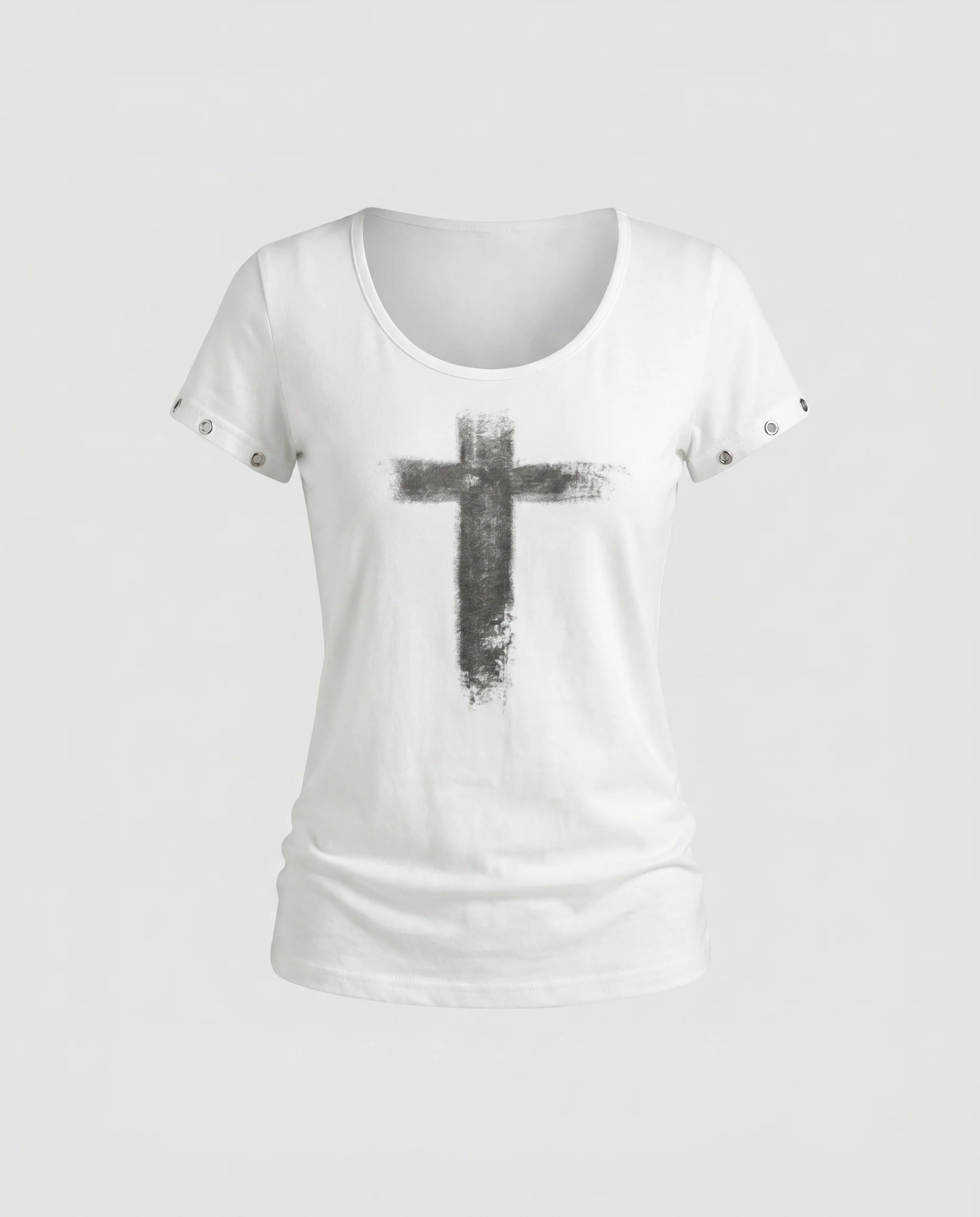 Damen nan tailliertes Rundhals-T-Shirt mit verwaschenem Kreuzprint und Ösenbesatz an den Ärmeln - Image 5