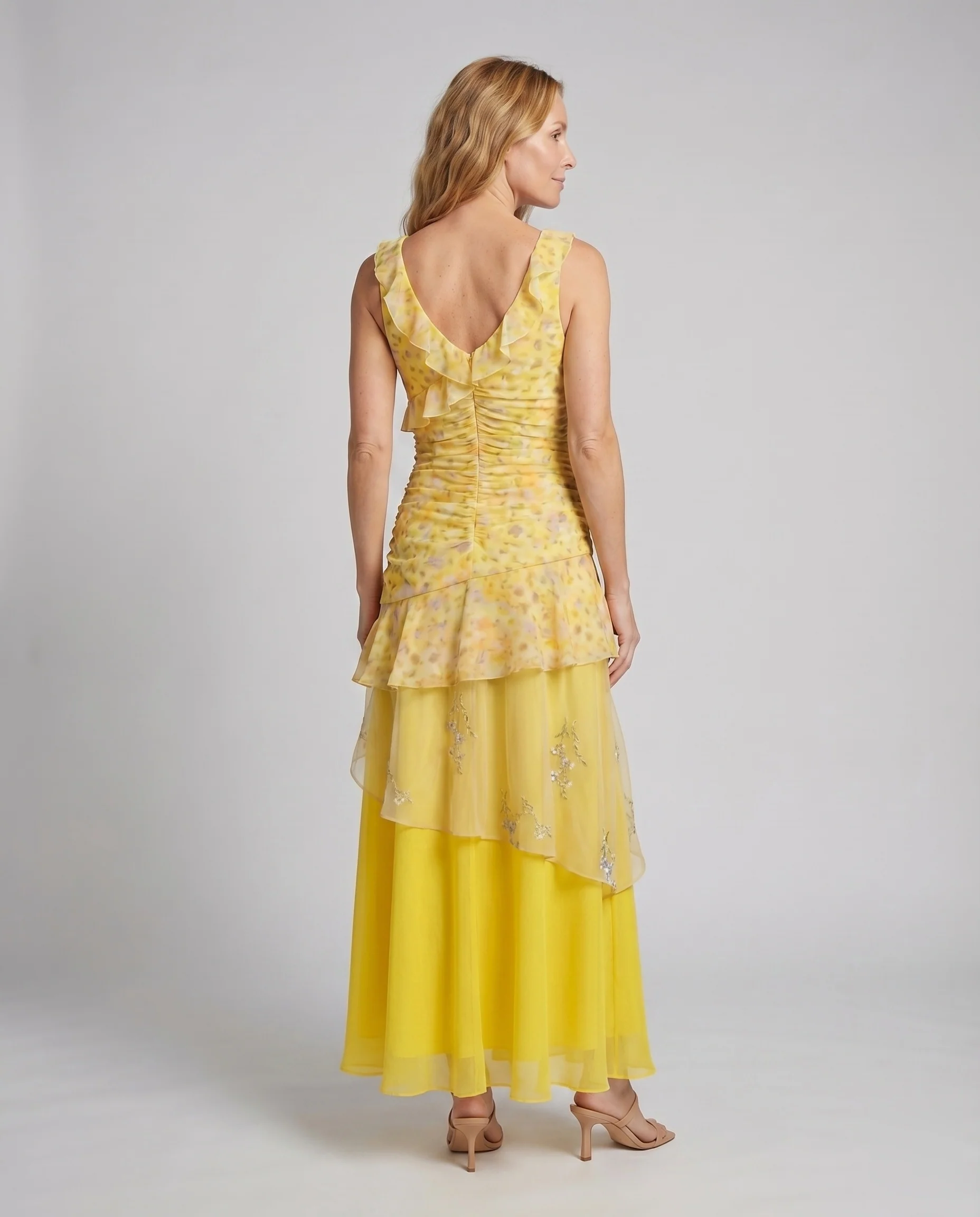 Damen Rüschen-Maxikleid Organza-Lagen Florale Stickerei - Image 4