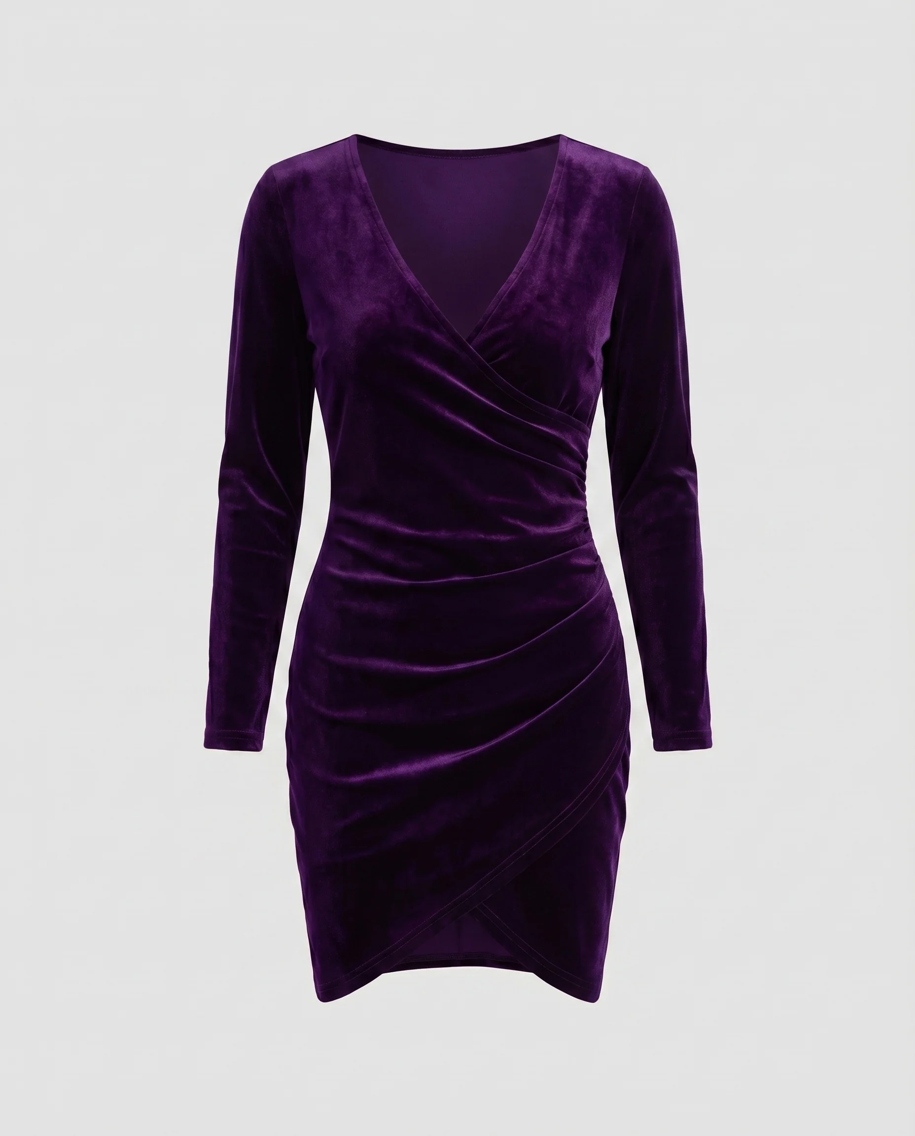 Damen Samt-Wickelkleid V-Ausschnitt Raffung Mini - Image 6