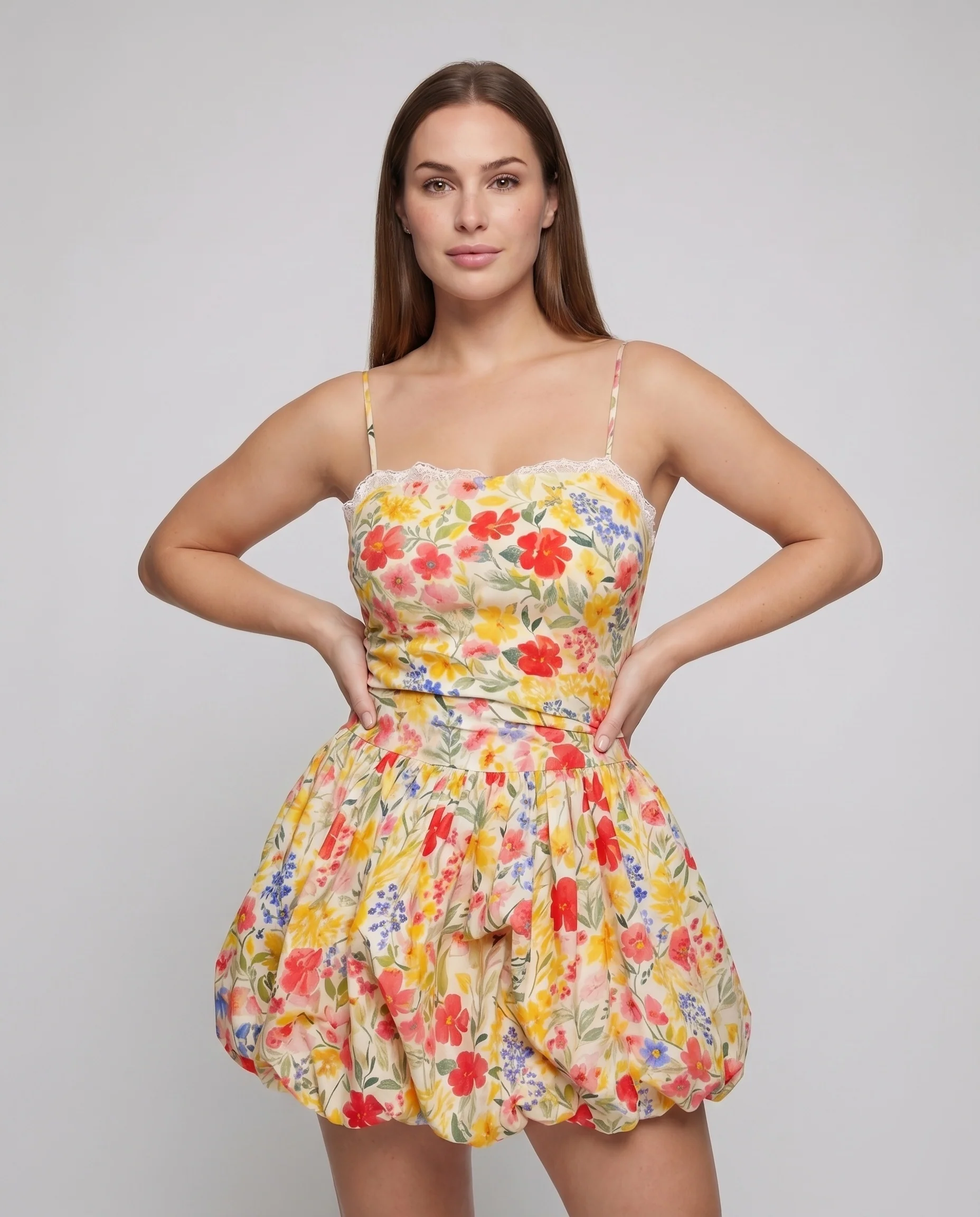 Damen Sommer-Minikleid Rüschensaum Spitzenbesatz Tailliert - Image 2