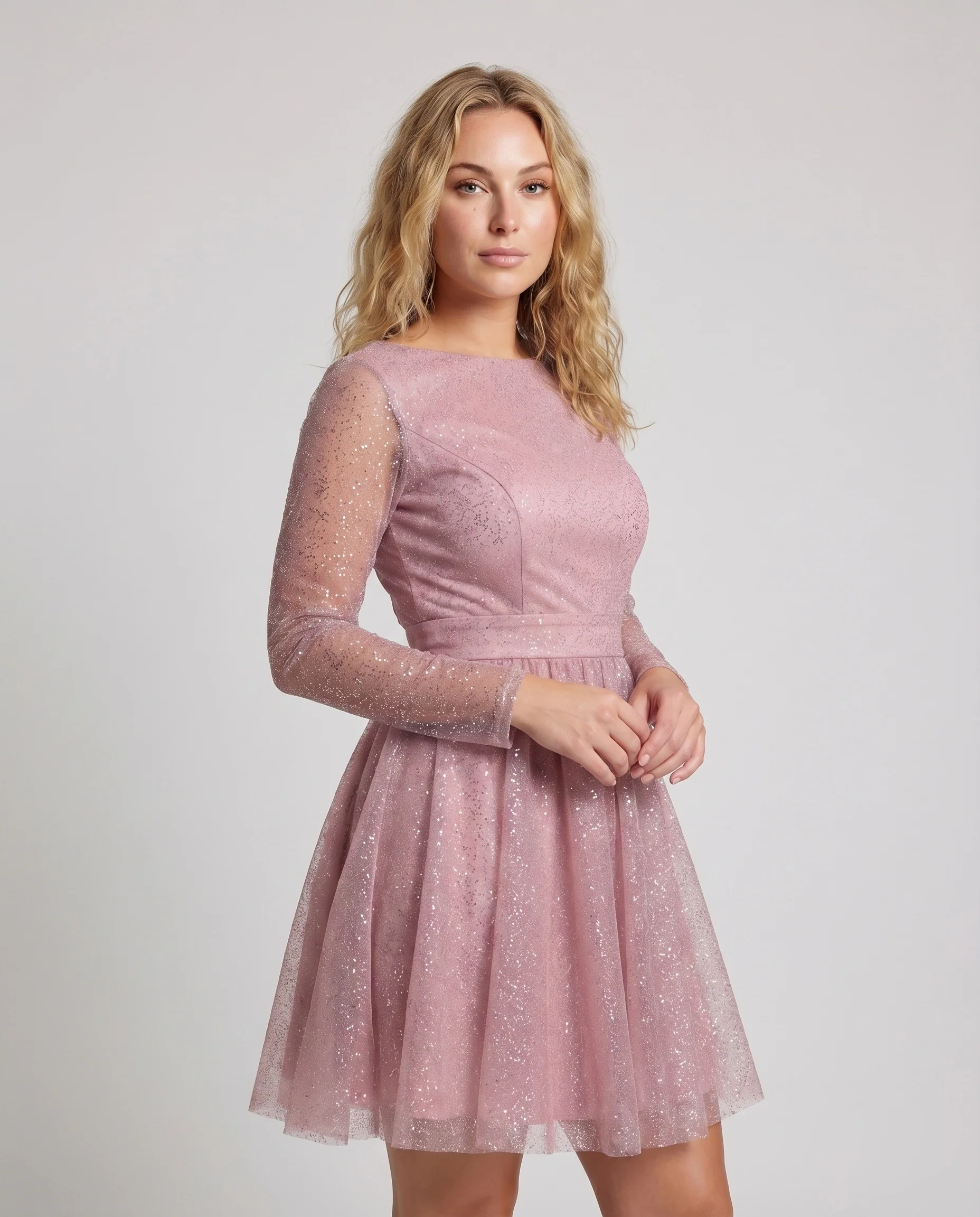 Damen Tüll-Cocktailkleid Glitzerdetail Tellerrock Transparent-Ärmel - Image 2