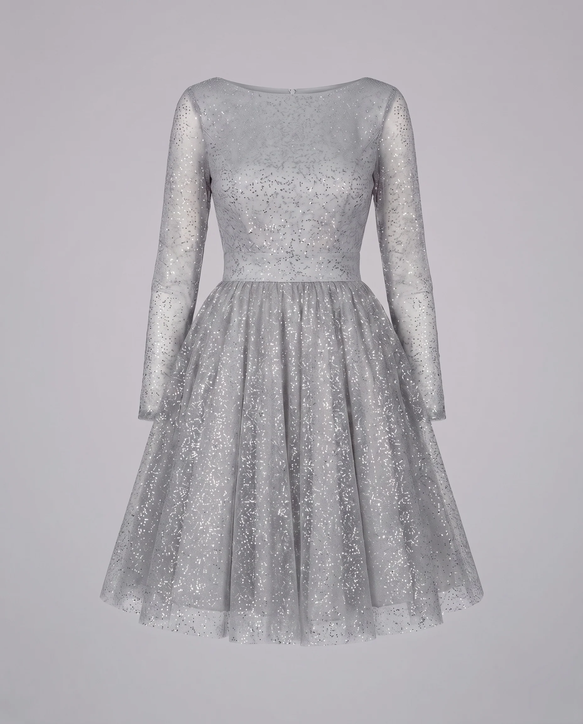 Damen Tüll-Cocktailkleid Glitzerdetail Tellerrock Transparent-Ärmel - Image 6