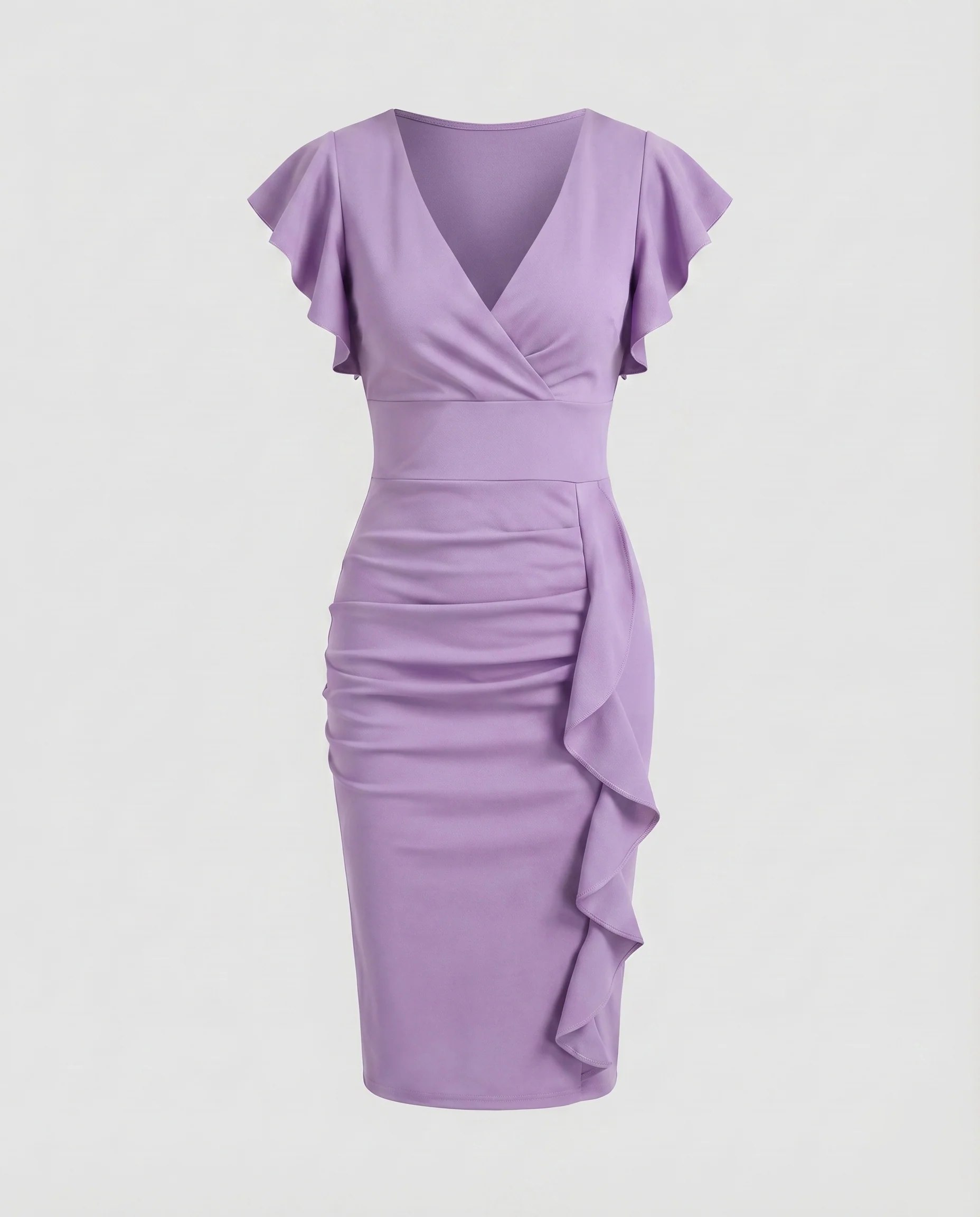 Damen Wickel-Midikleid V-Ausschnitt Volantärmel Rüschen - Image 10