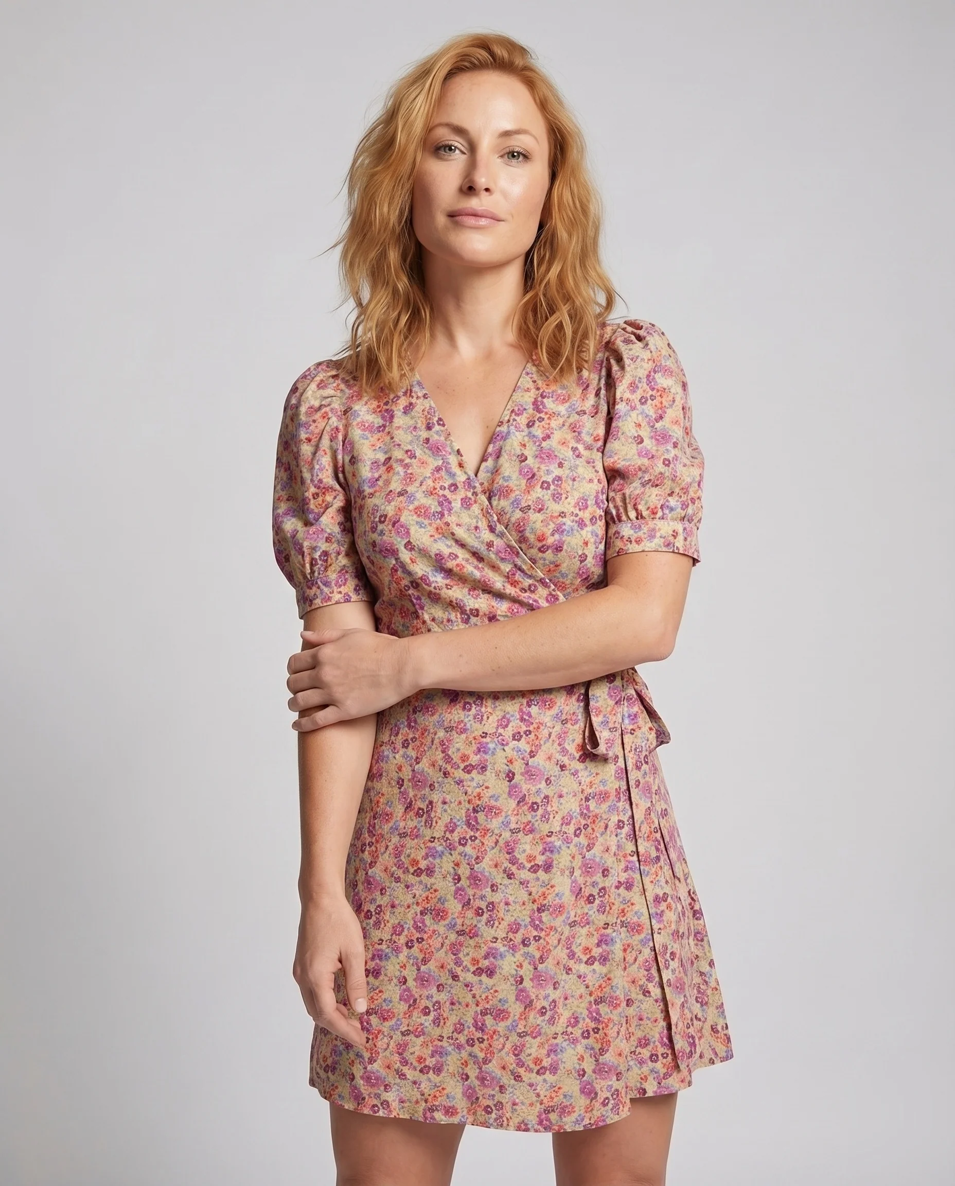 Damen Wickel-Skaterkleid Puffärmel Schlaufenbindegürtel Tailliert - Image 2