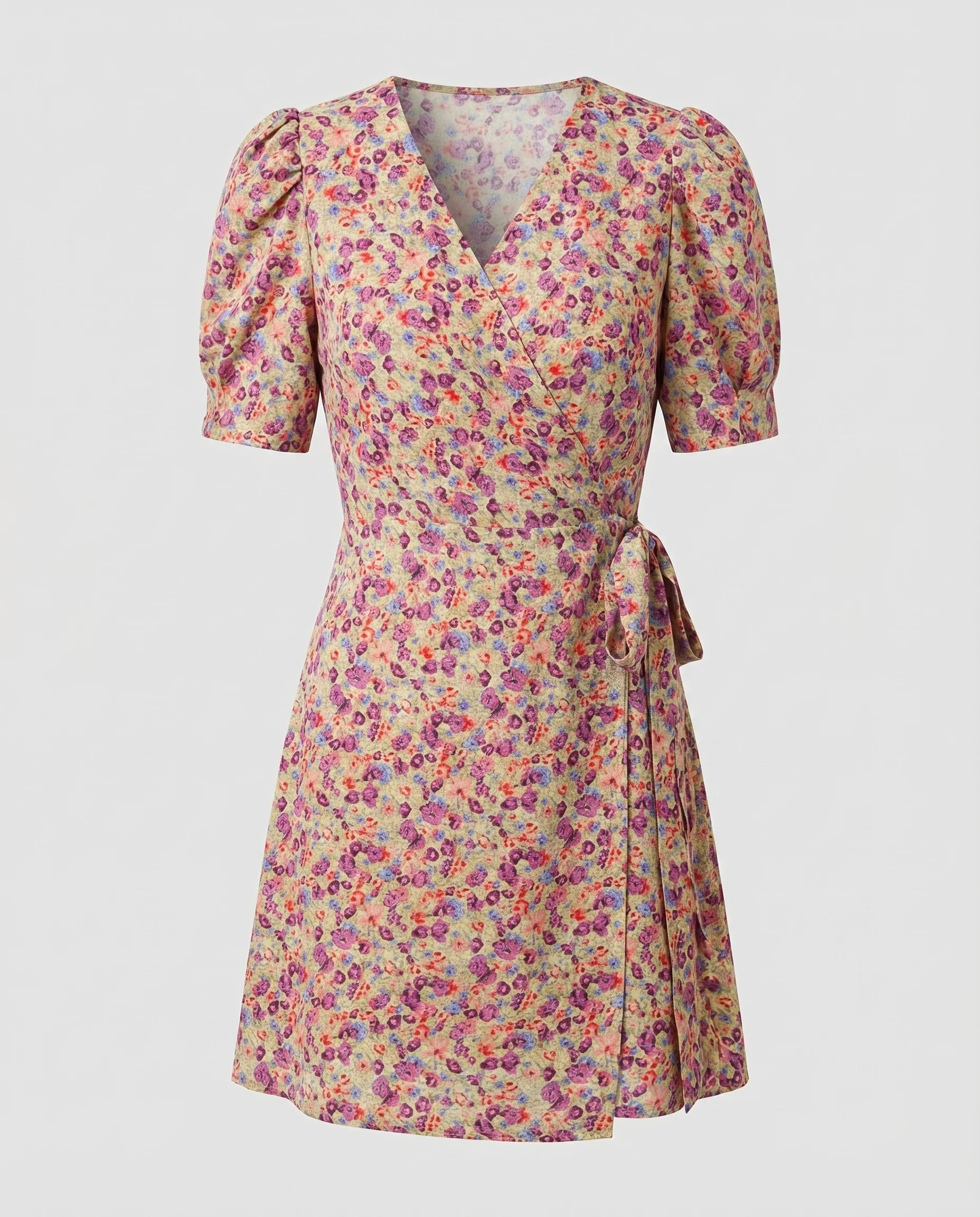 Damen Wickel-Skaterkleid Puffärmel Schlaufenbindegürtel Tailliert - Image 5