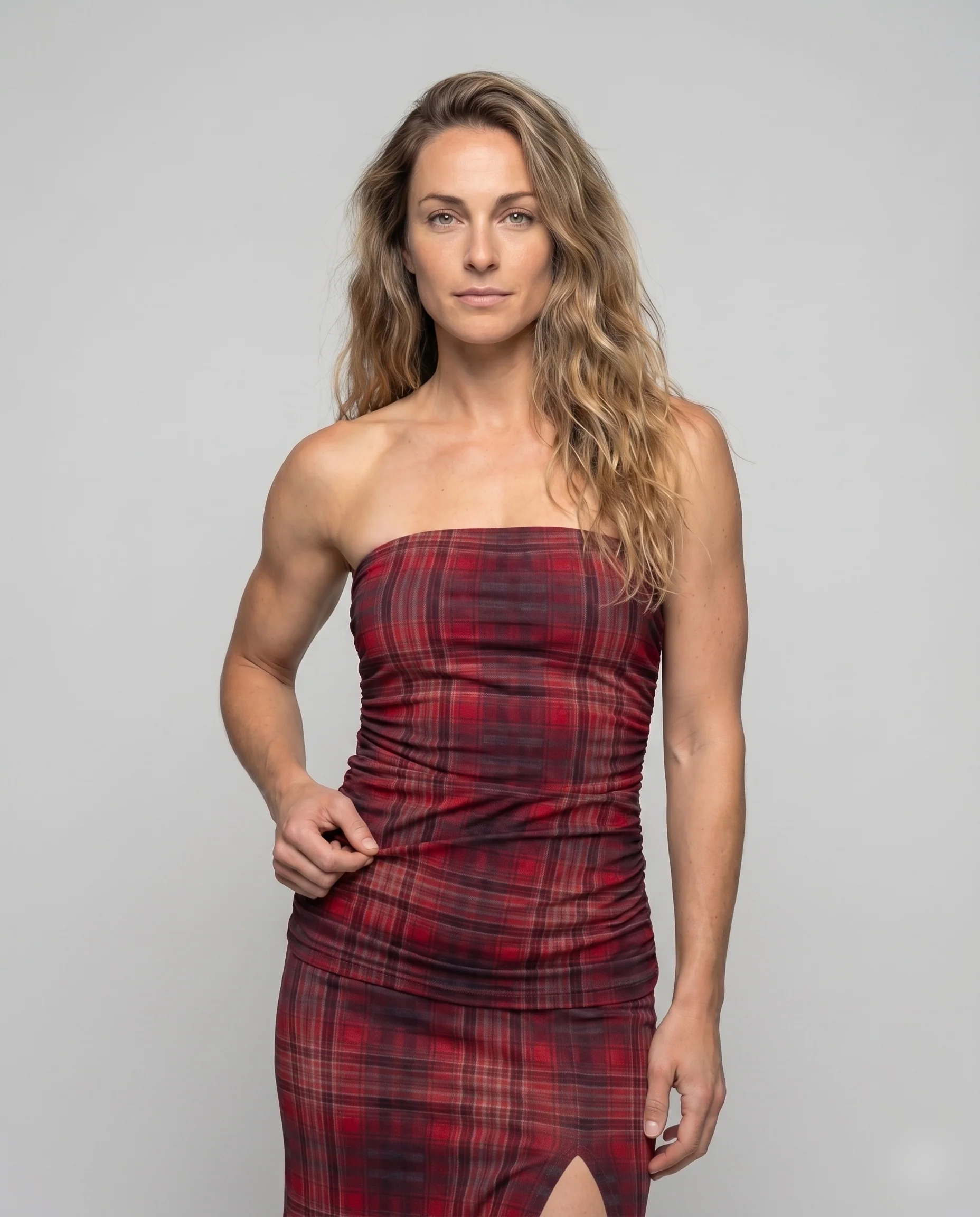 Damen Tartan-Maxikleid Korsage Metallgürtel Trägerlos - Image 2