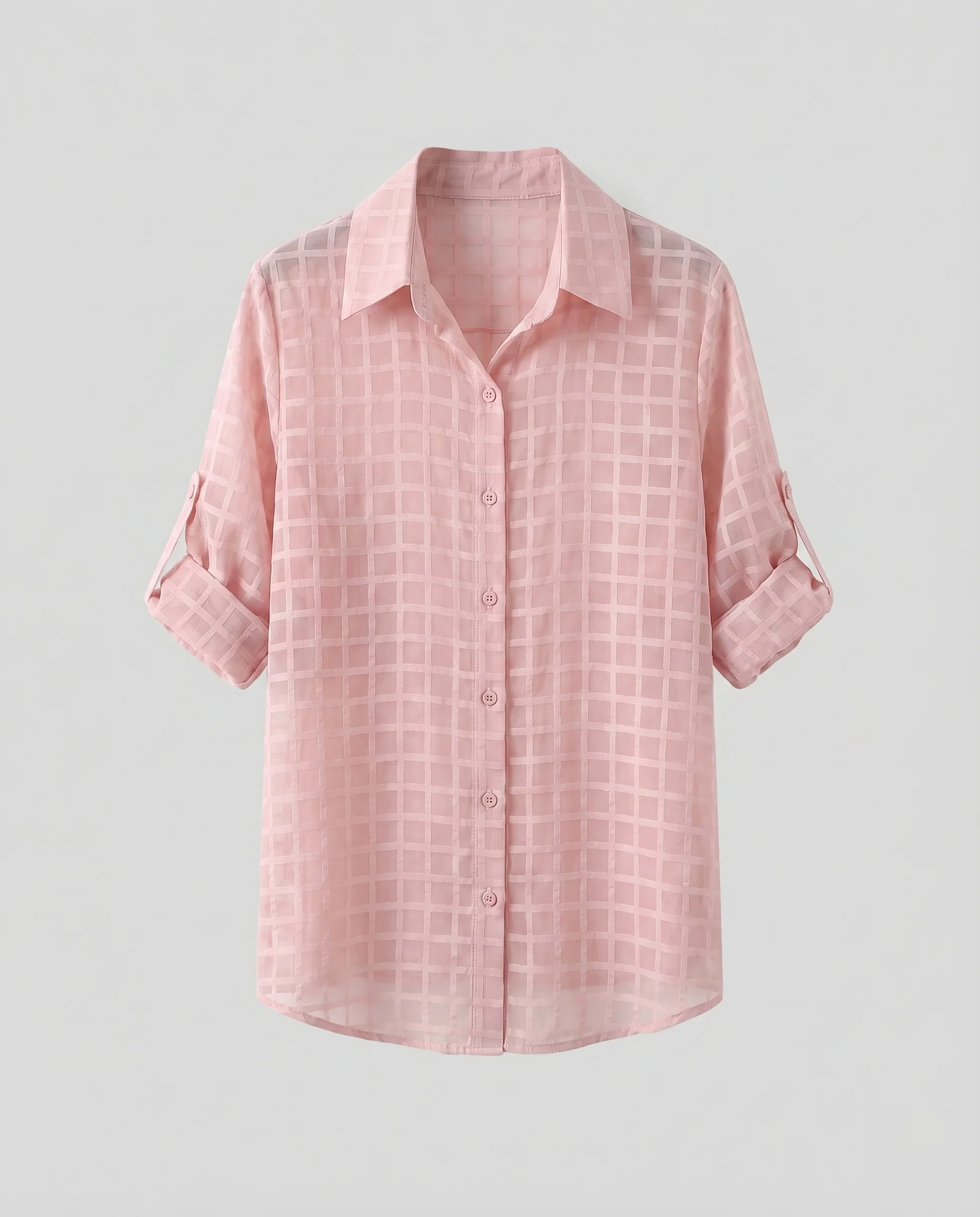 Damen Karierte Longbluse Krempelärmel Hemdkragen Transparent - Image 5