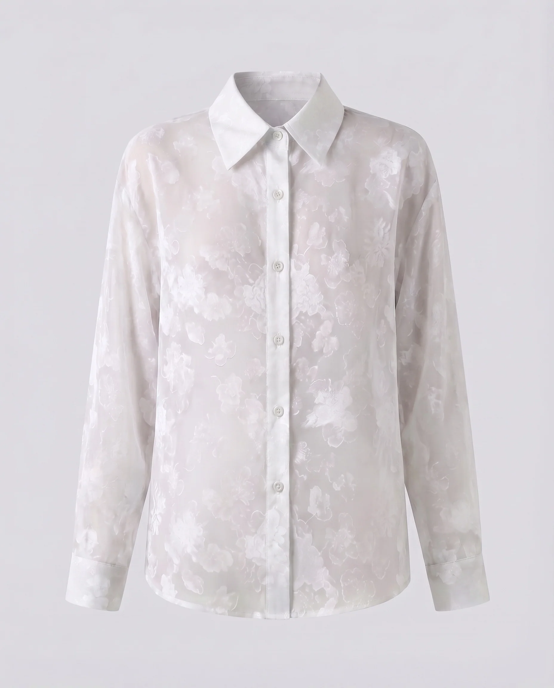 Damen Satinbluse Blumenjacquard Hemdkragen Transparent - Image 6
