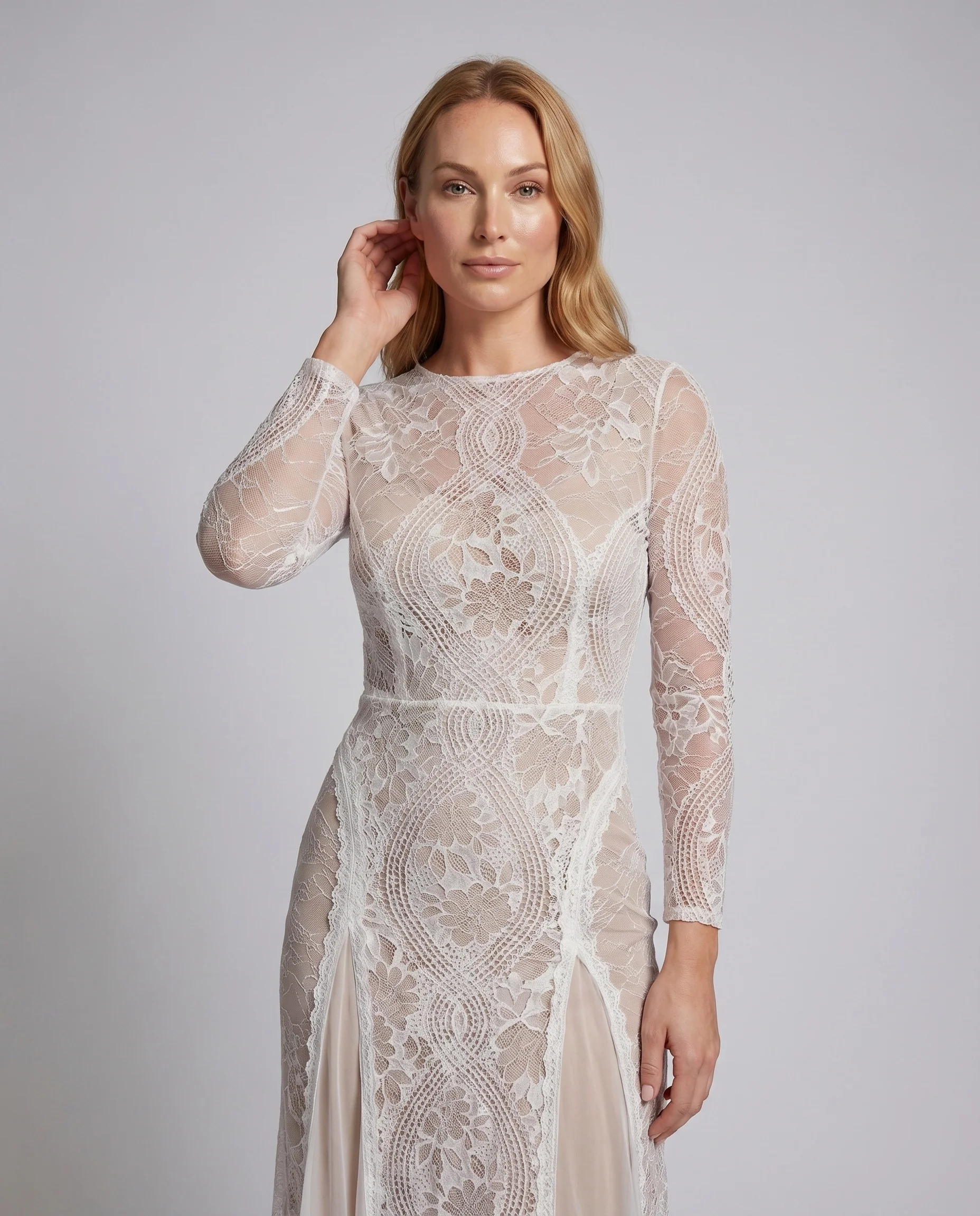 Damen Spitzen-Maxikleid Netzärmel Seitenschlitz - Image 2