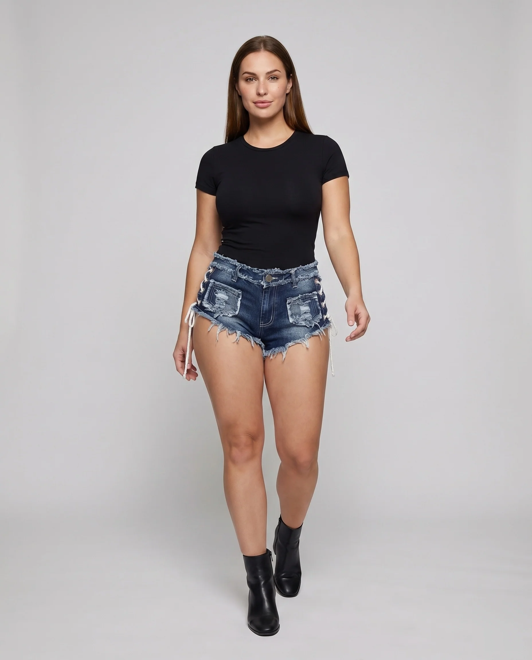 Damen Jeansshorts Ultrakurz Seitliche Schnürung Fransensaum