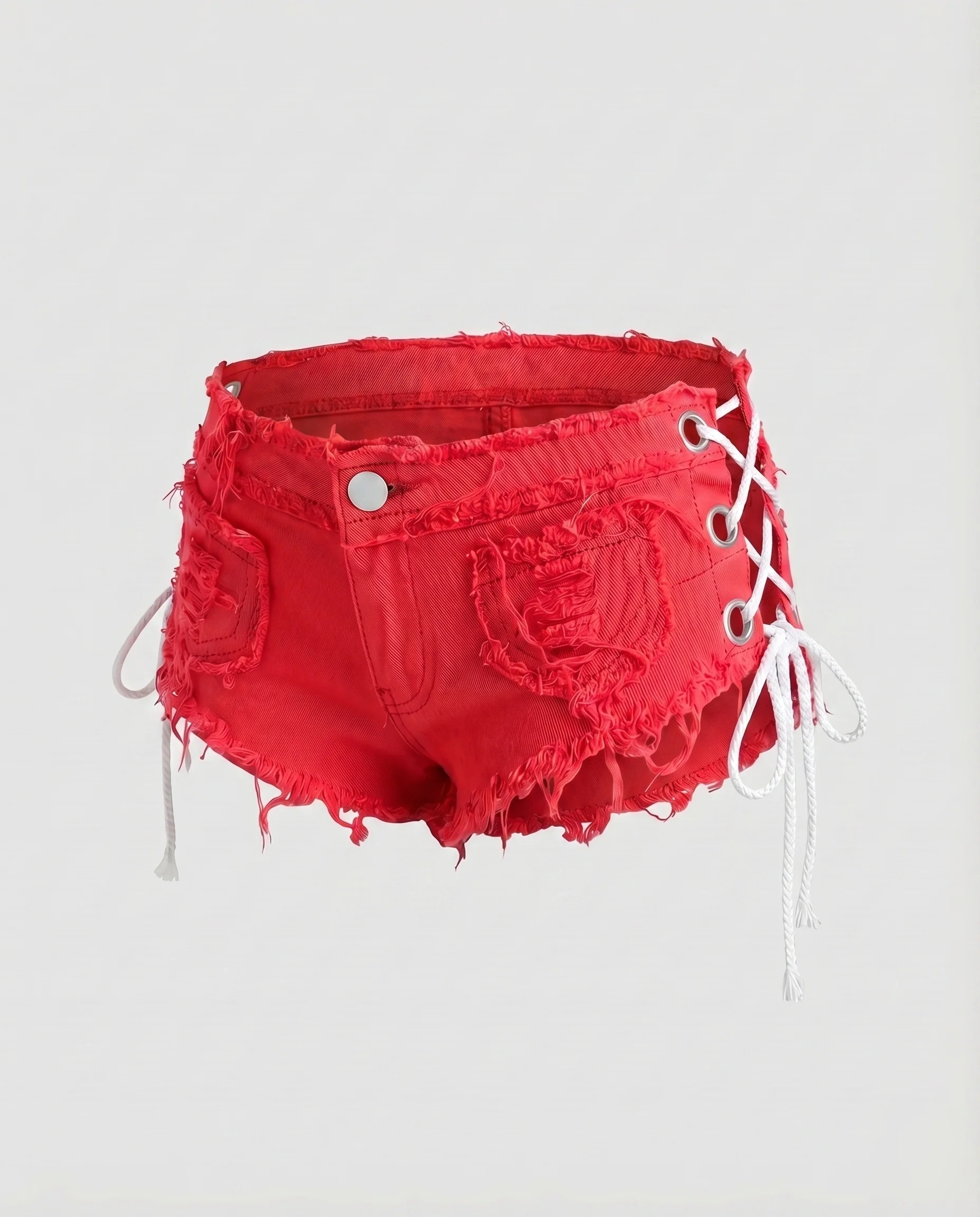 Damen Jeansshorts Ultrakurz Seitliche Schnürung Fransensaum - Image 10