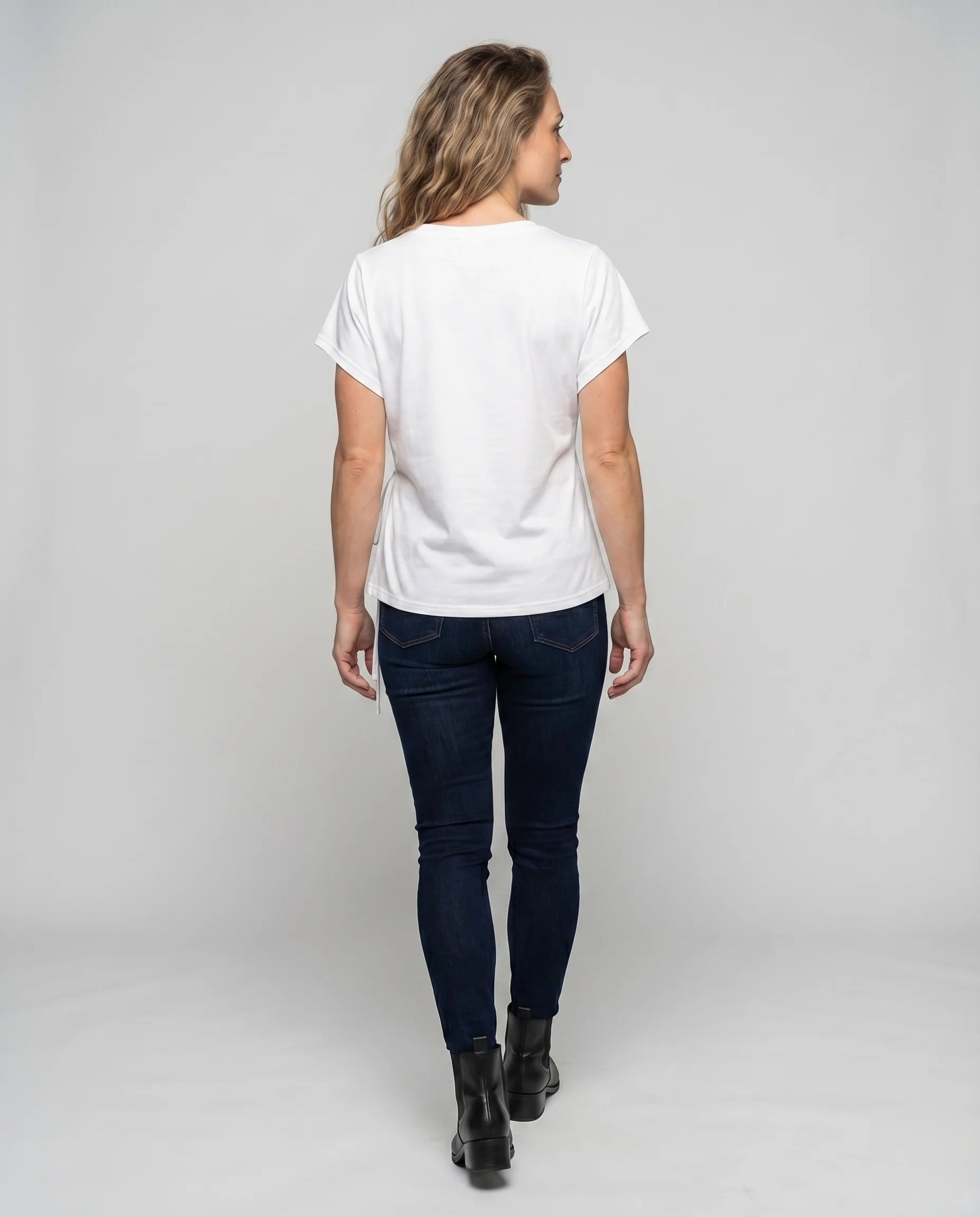 Damen Jerseyshirt Seitliche Raffung Bindeband V-Ausschnitt - Image 4
