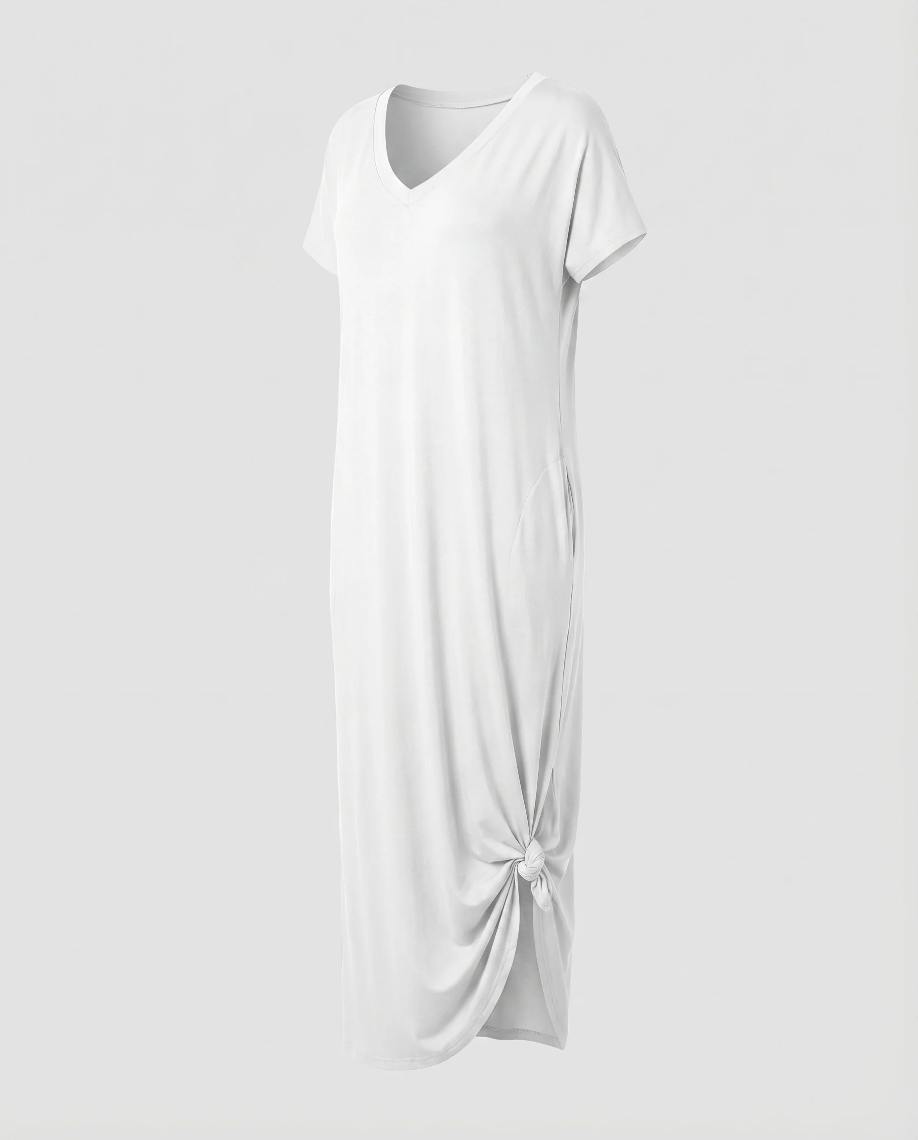 Damen V-Ausschnitt-Maxikleid Knoten-Saum Eingrifftaschen Kurze Ärmel - Image 5