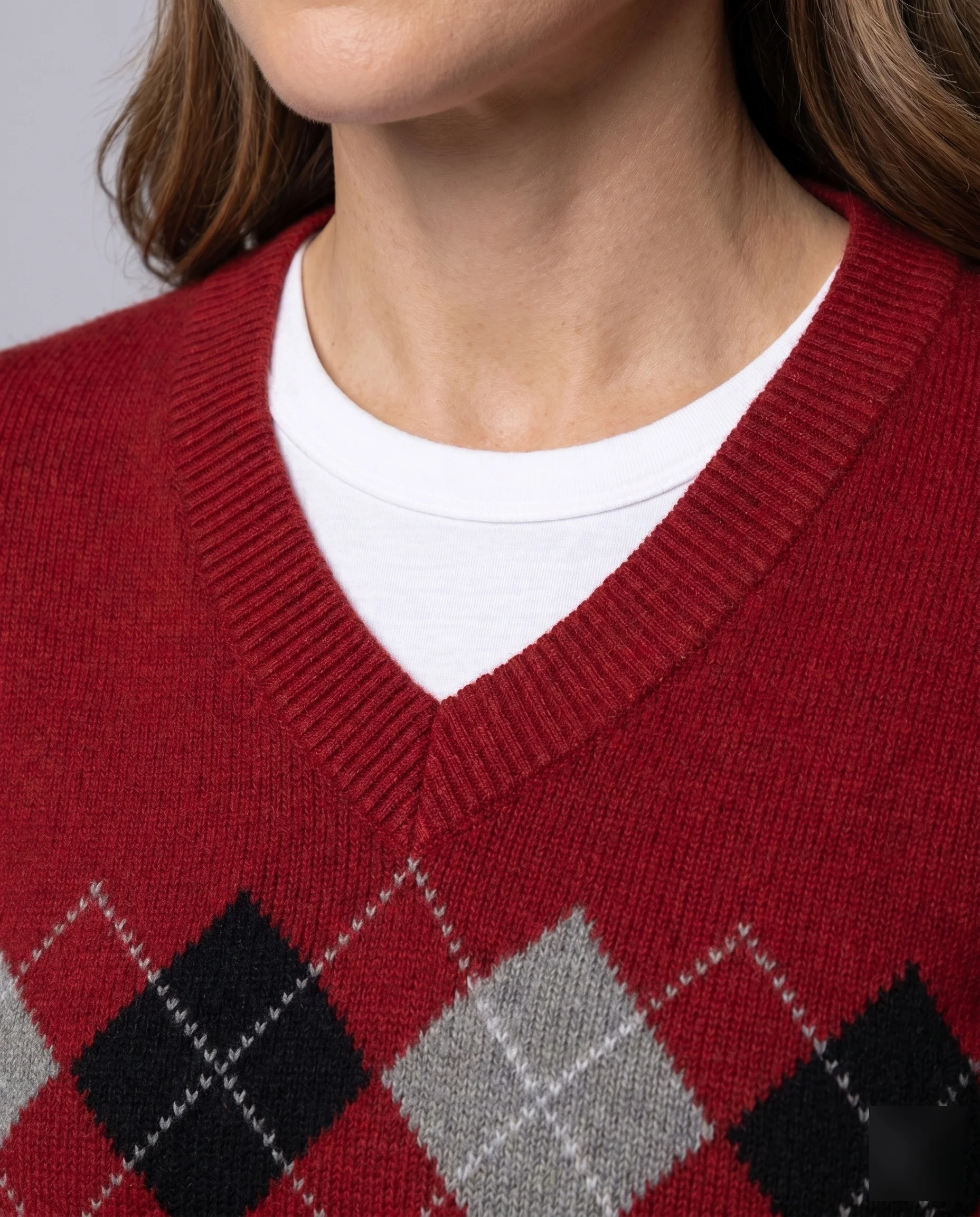 Damen nan V-Ausschnitt-Pullover mit Rautenmuster aus weichem Feinstrick und gerippten Bündchen - Image 3