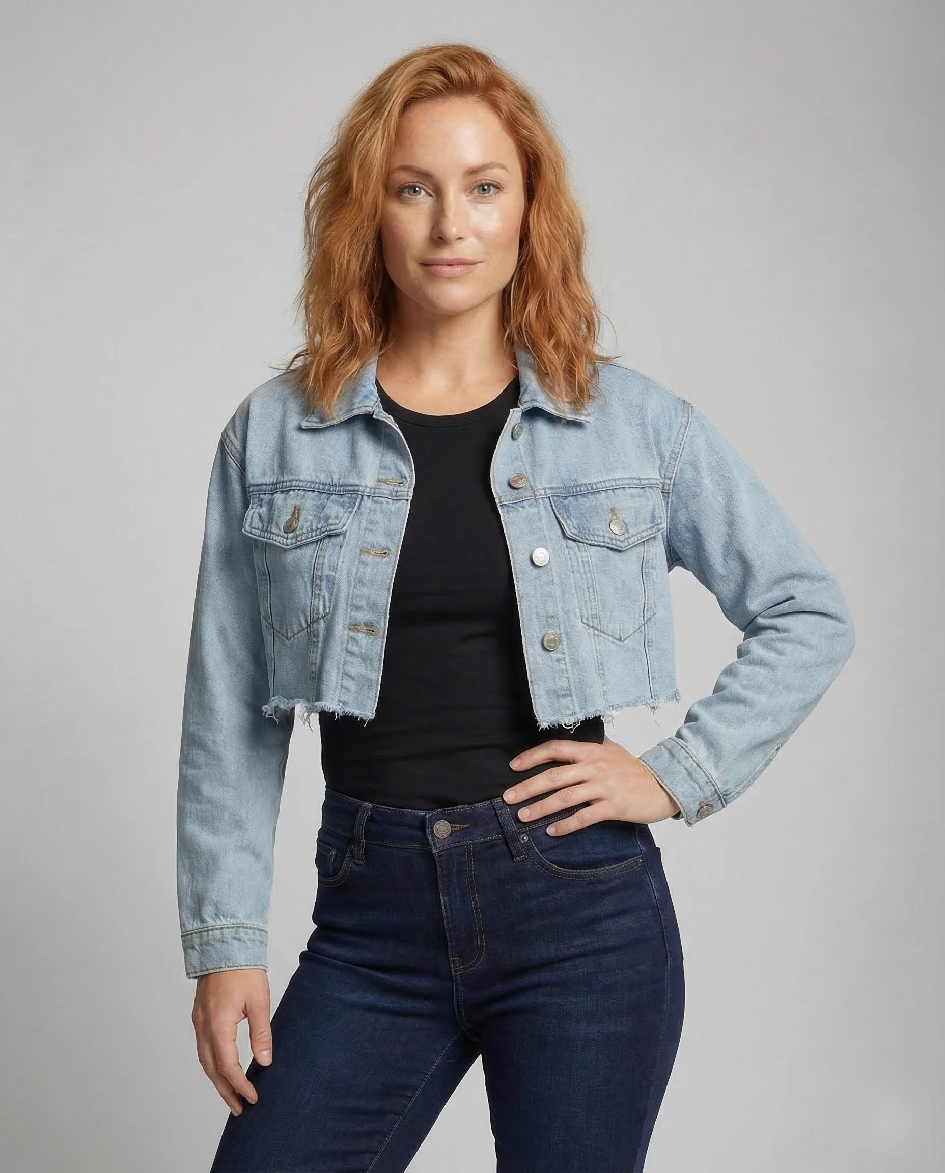 Damen Kurze Jeansjacke Roher Saum - Image 2