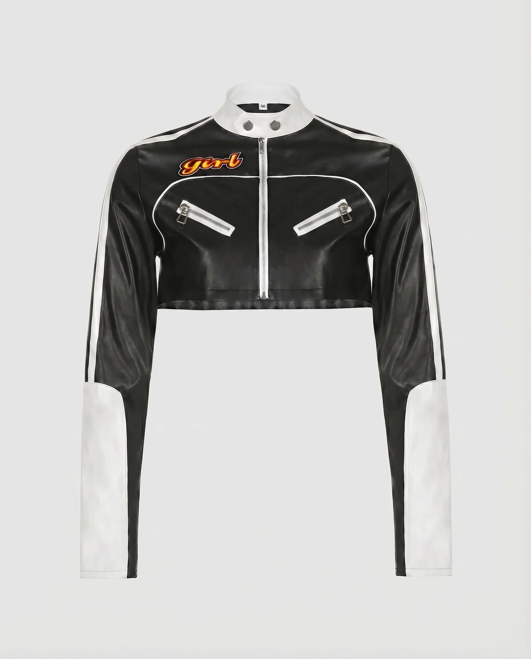 Damen Motorradjacke Rennsport-Stil Stehkragen Kontrast-Ärmel - Image 6